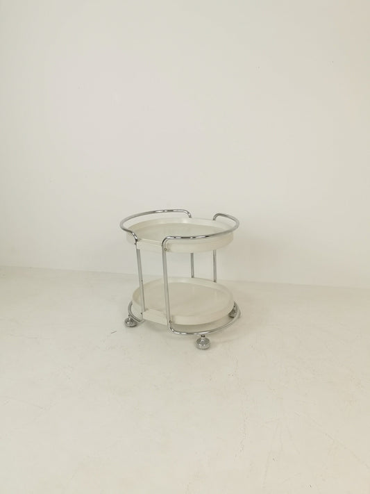 Mid-Century Italian White Plastic and Chromed Metal Oval Bar Cart, 1950s