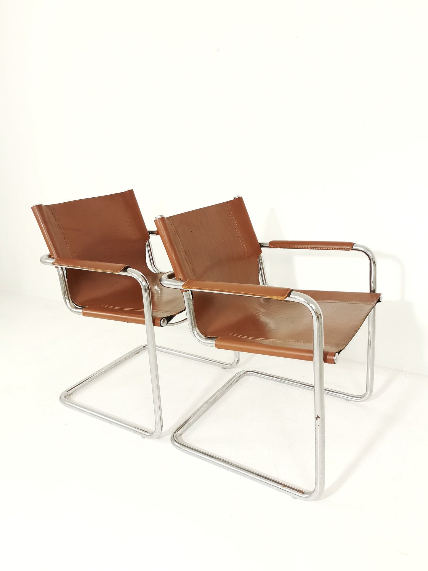 1 of 2 Matteo Grassi original bauhaus design Visitor Chair tan congac Leather 1970s