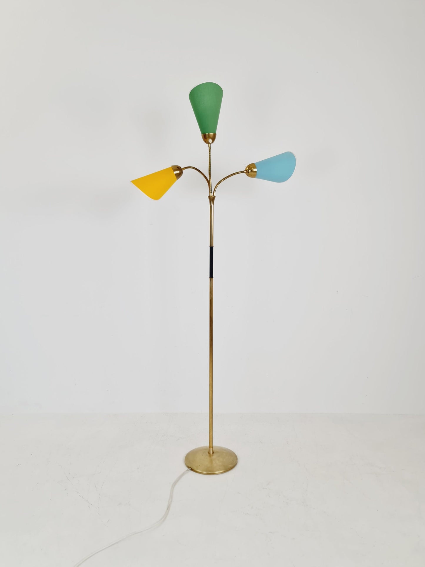 German Modern three flex arms brass floor lamp, tütenlampe, 1950s