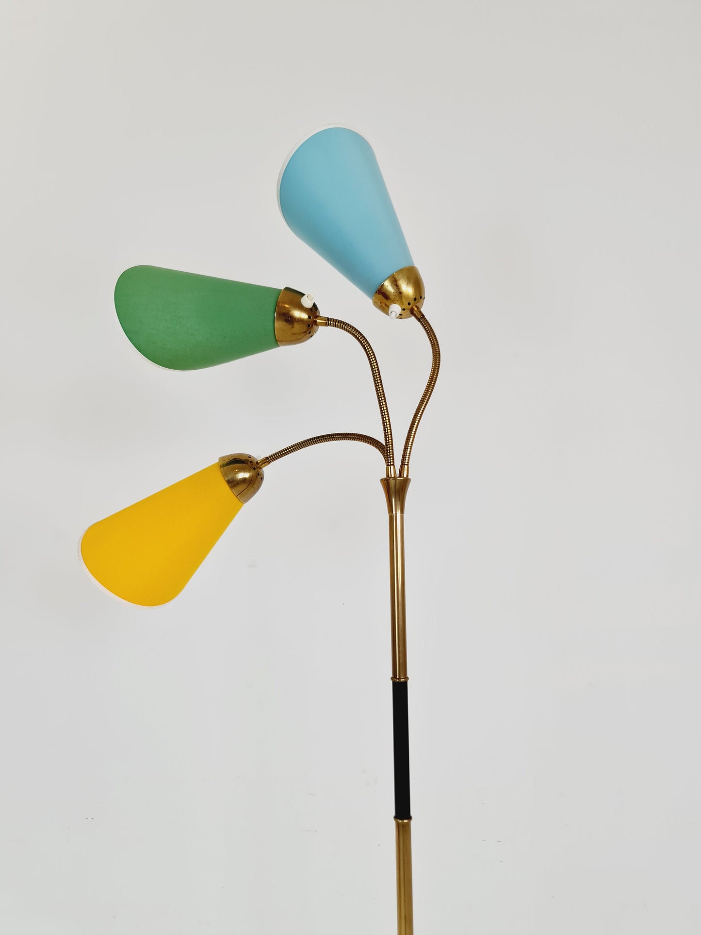 German Modern three flex arms brass floor lamp, tütenlampe, 1950s