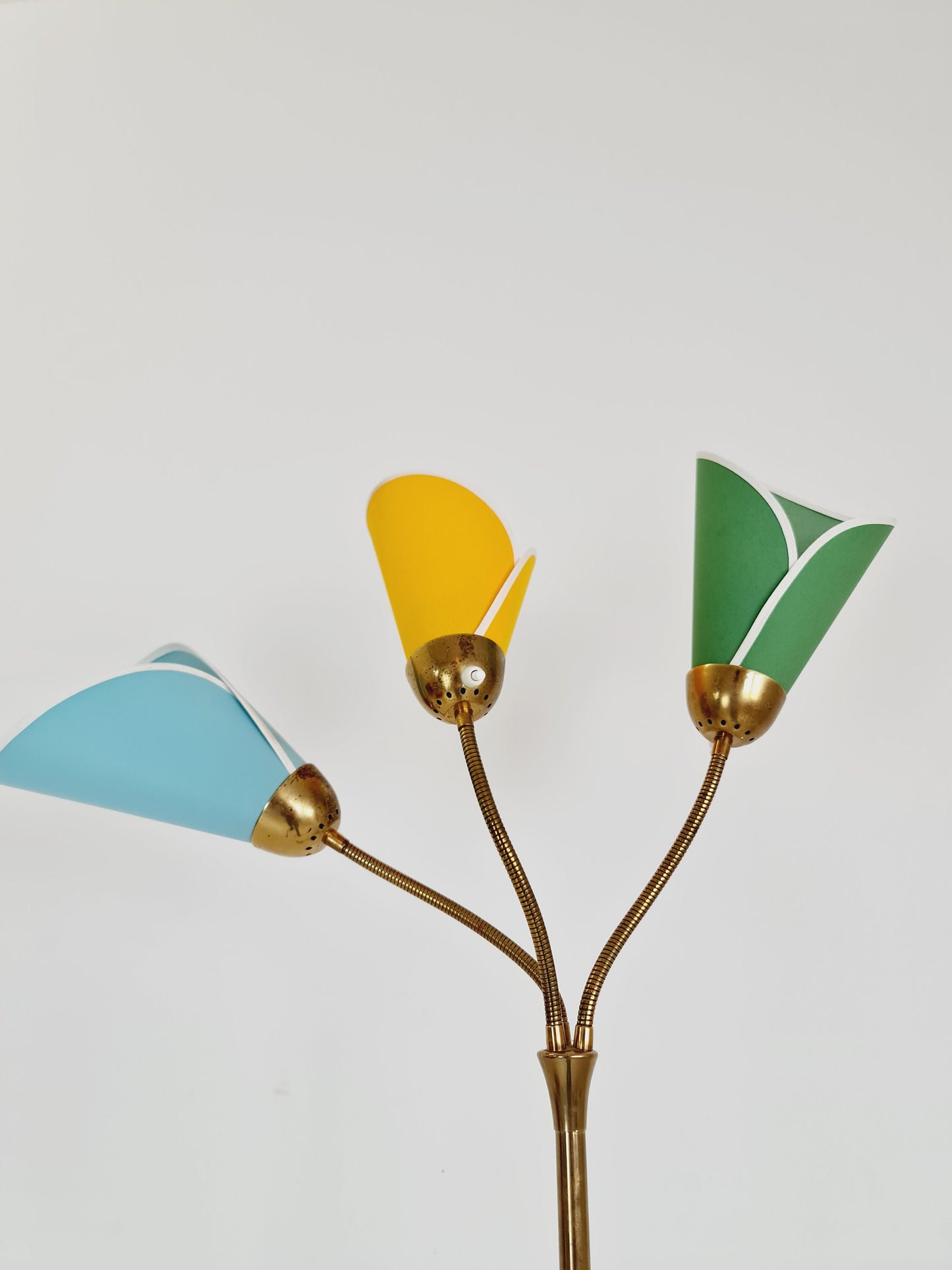 German Modern three flex arms brass floor lamp, tütenlampe, 1950s