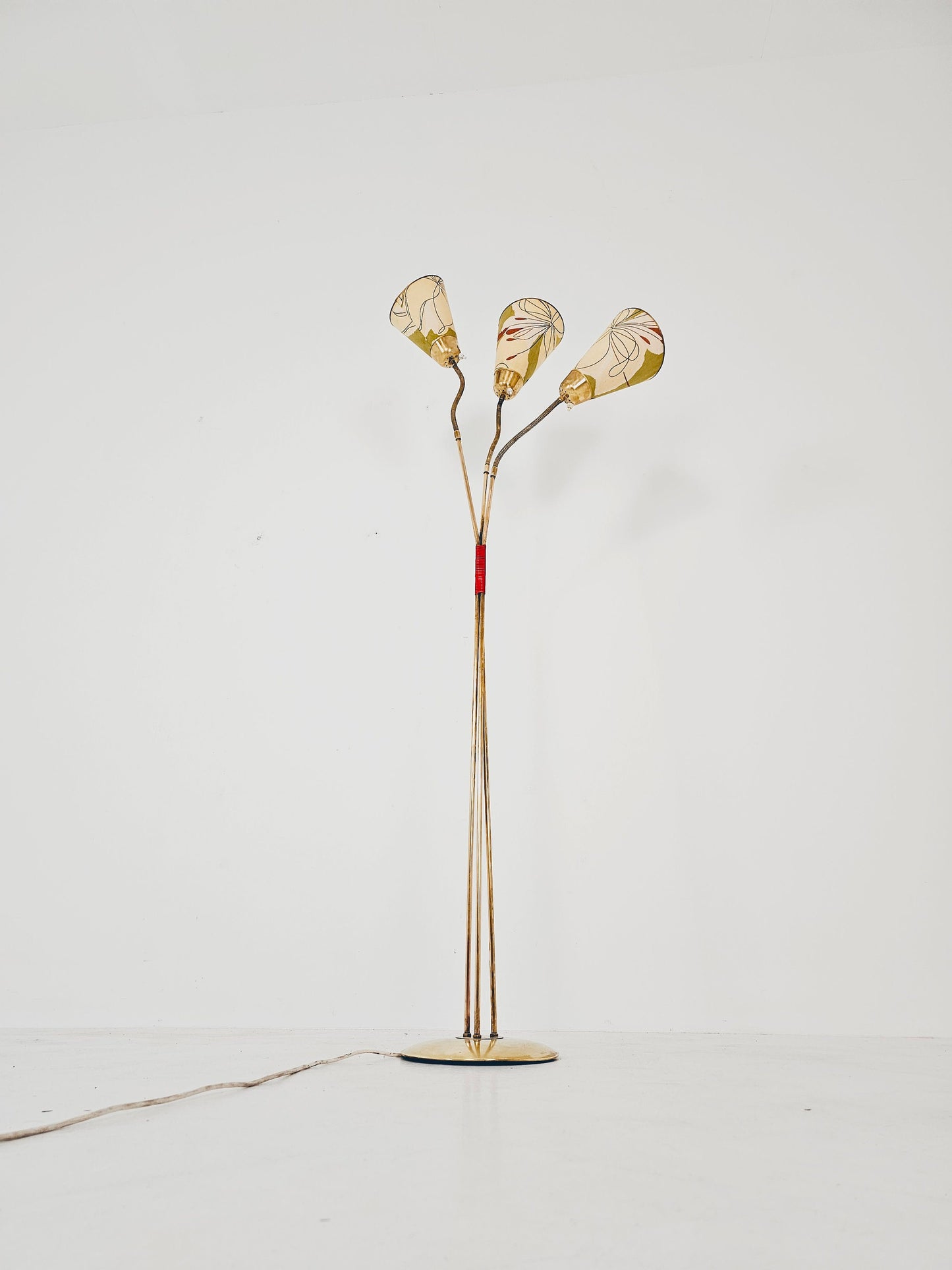 German Modern three flex arms brass floor lamp, tütenlampe, 1950s