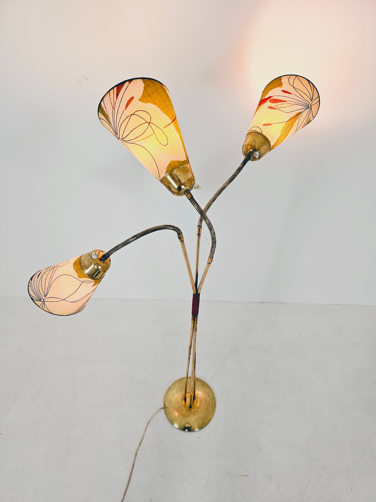 German Modern three flex arms brass floor lamp, tütenlampe, 1950s