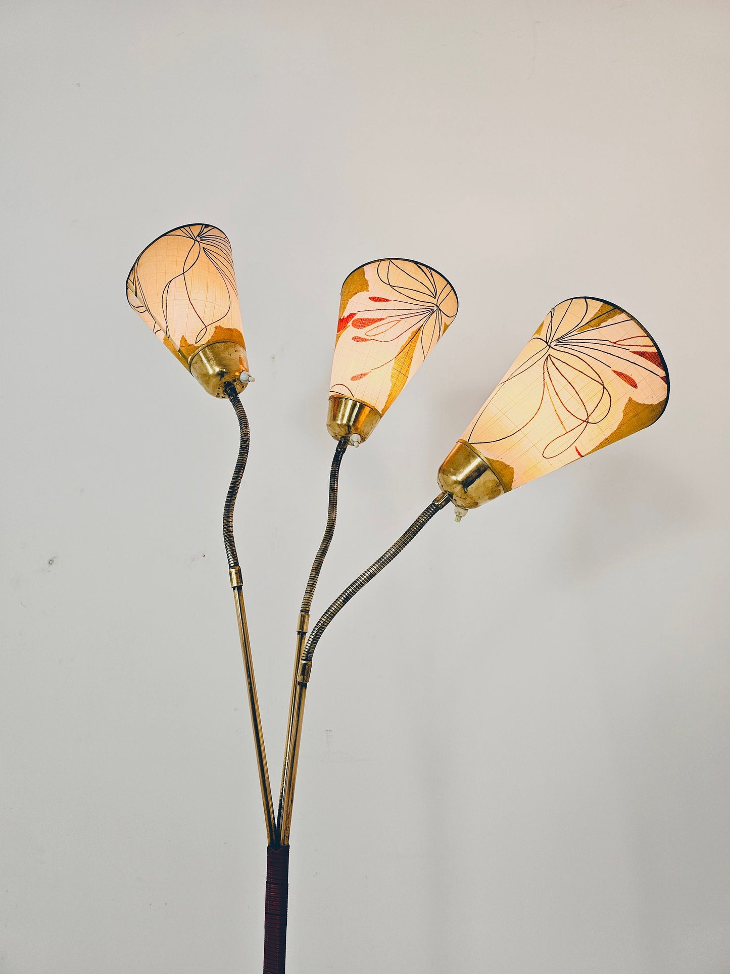 German Modern three flex arms brass floor lamp, tütenlampe, 1950s
