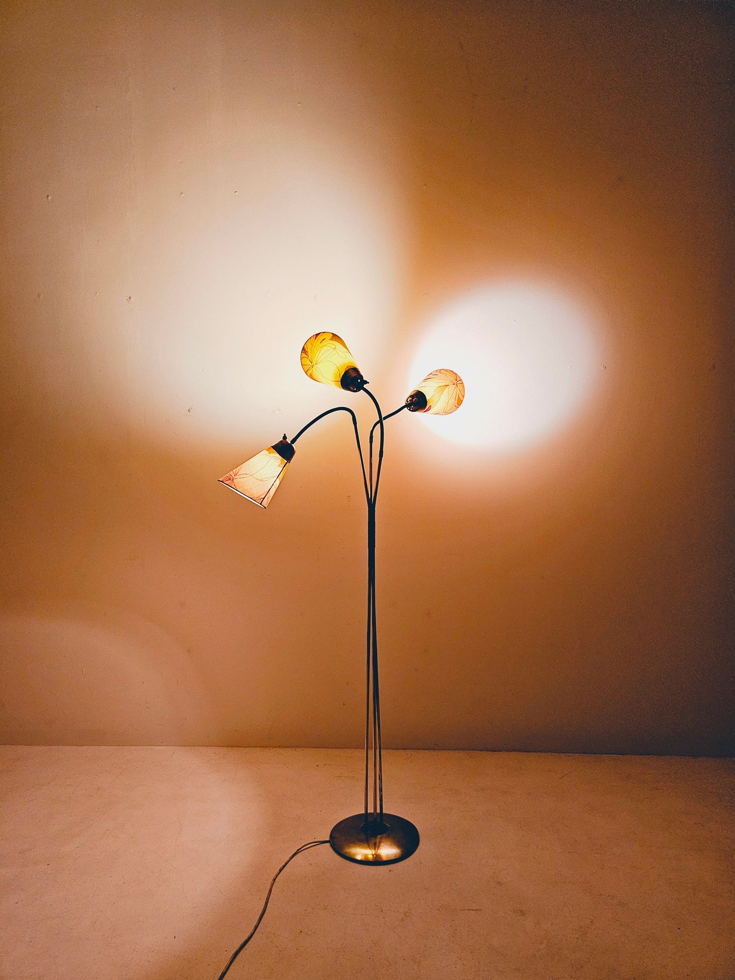 German Modern three flex arms brass floor lamp, tütenlampe, 1950s