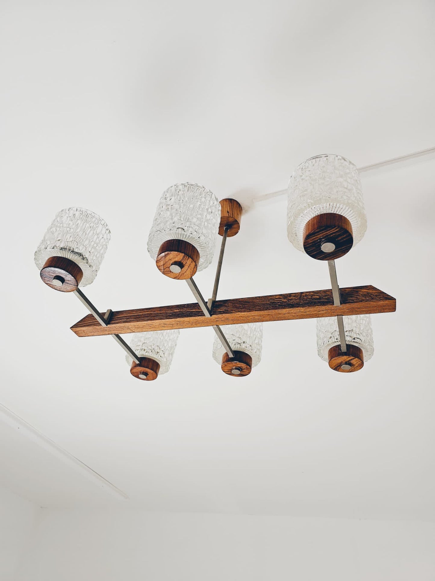 Vintage Scandinavian metal, rosewood & glass pendant lamp, 1960s