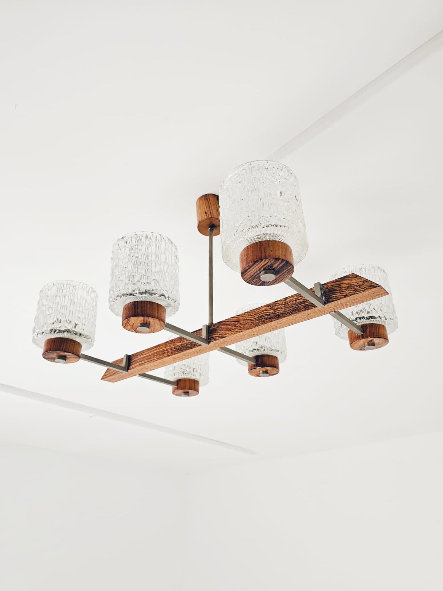Vintage Scandinavian metal, rosewood & glass pendant lamp, 1960s