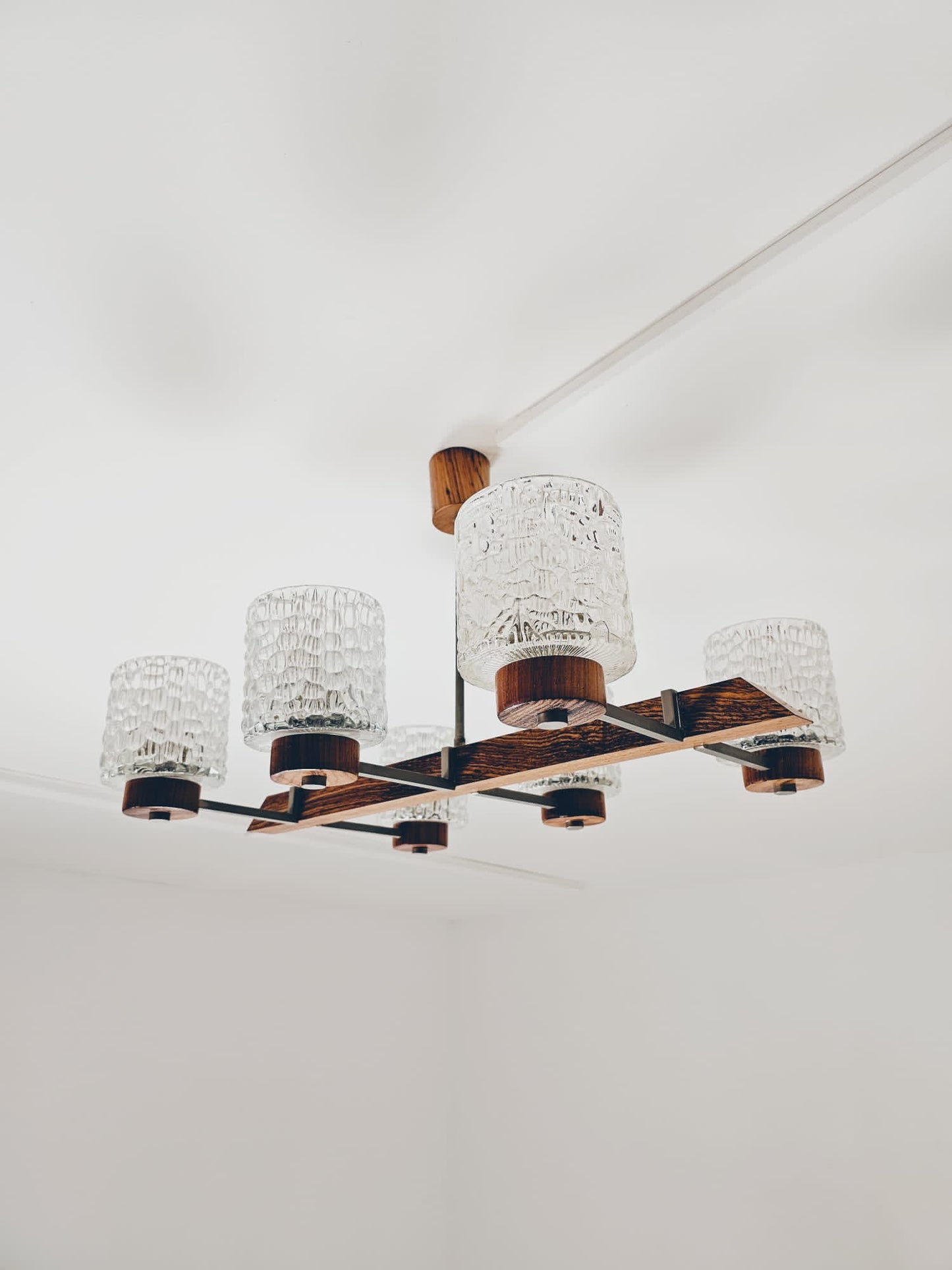 Vintage Scandinavian metal, rosewood & glass pendant lamp, 1960s