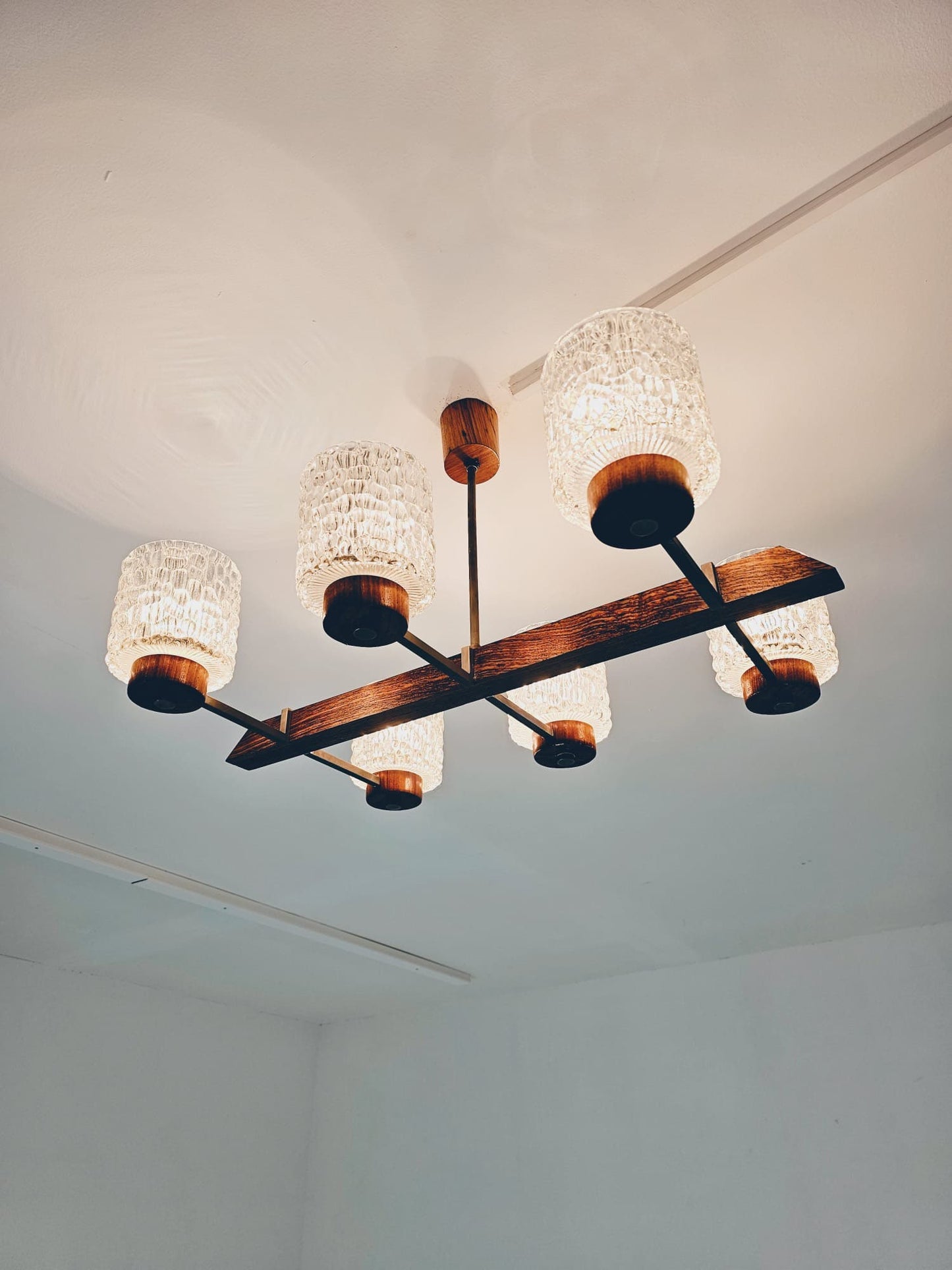 Vintage Scandinavian metal, rosewood & glass pendant lamp, 1960s