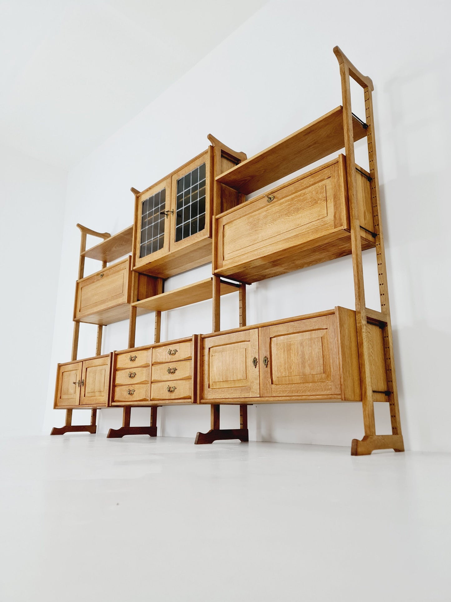 Danish solid oak room divider modular vintage library bookcase shelf-system by Henning Kjærnulf, Denmark, 1960s