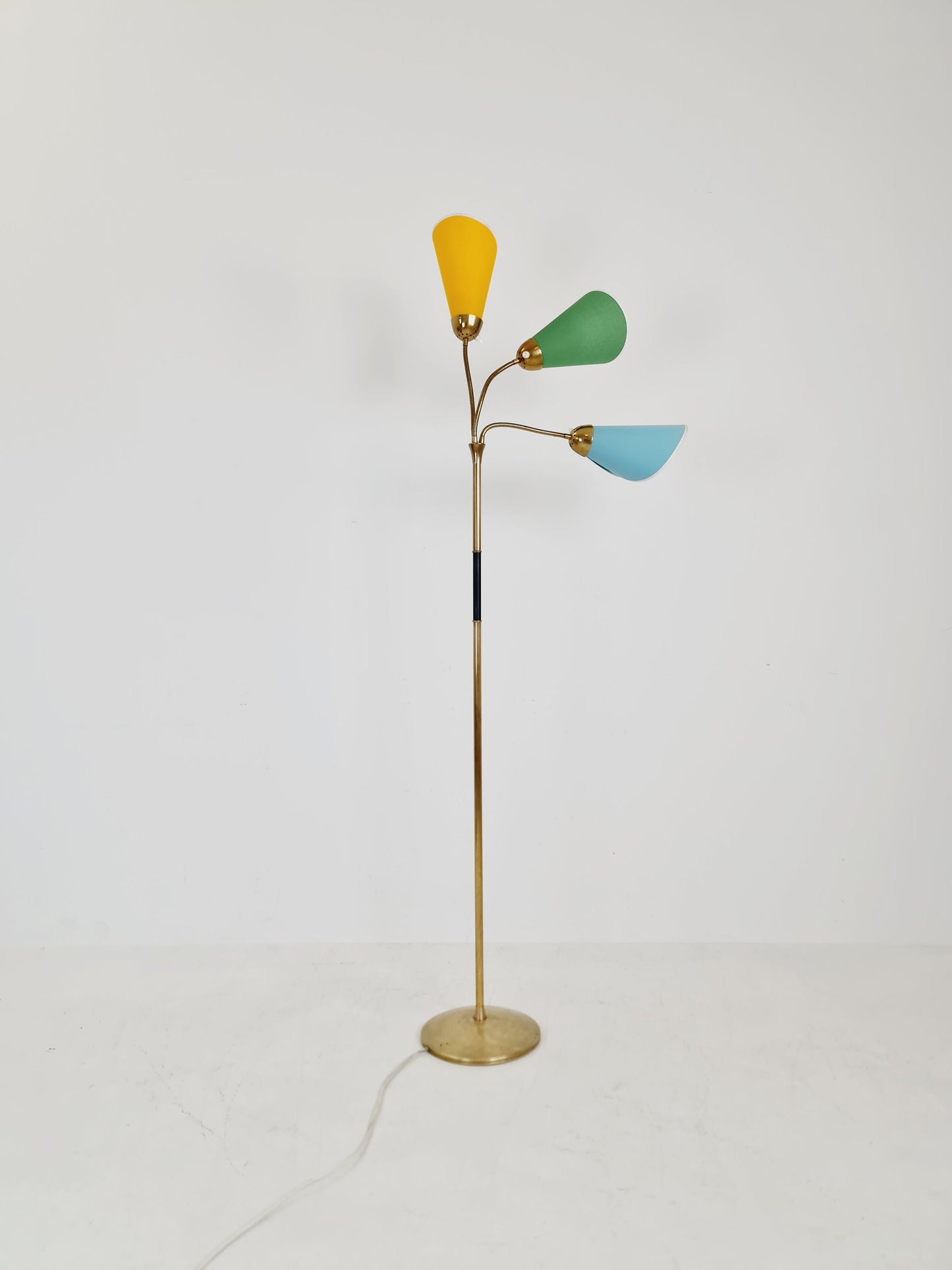 German Modern three flex arms brass floor lamp, tütenlampe, 1950s
