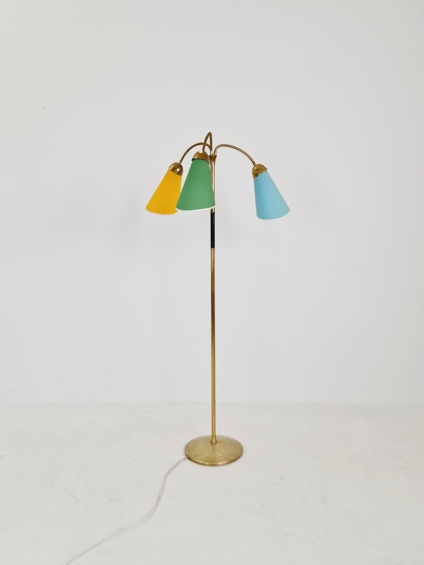 German Modern three flex arms brass floor lamp, tütenlampe, 1950s