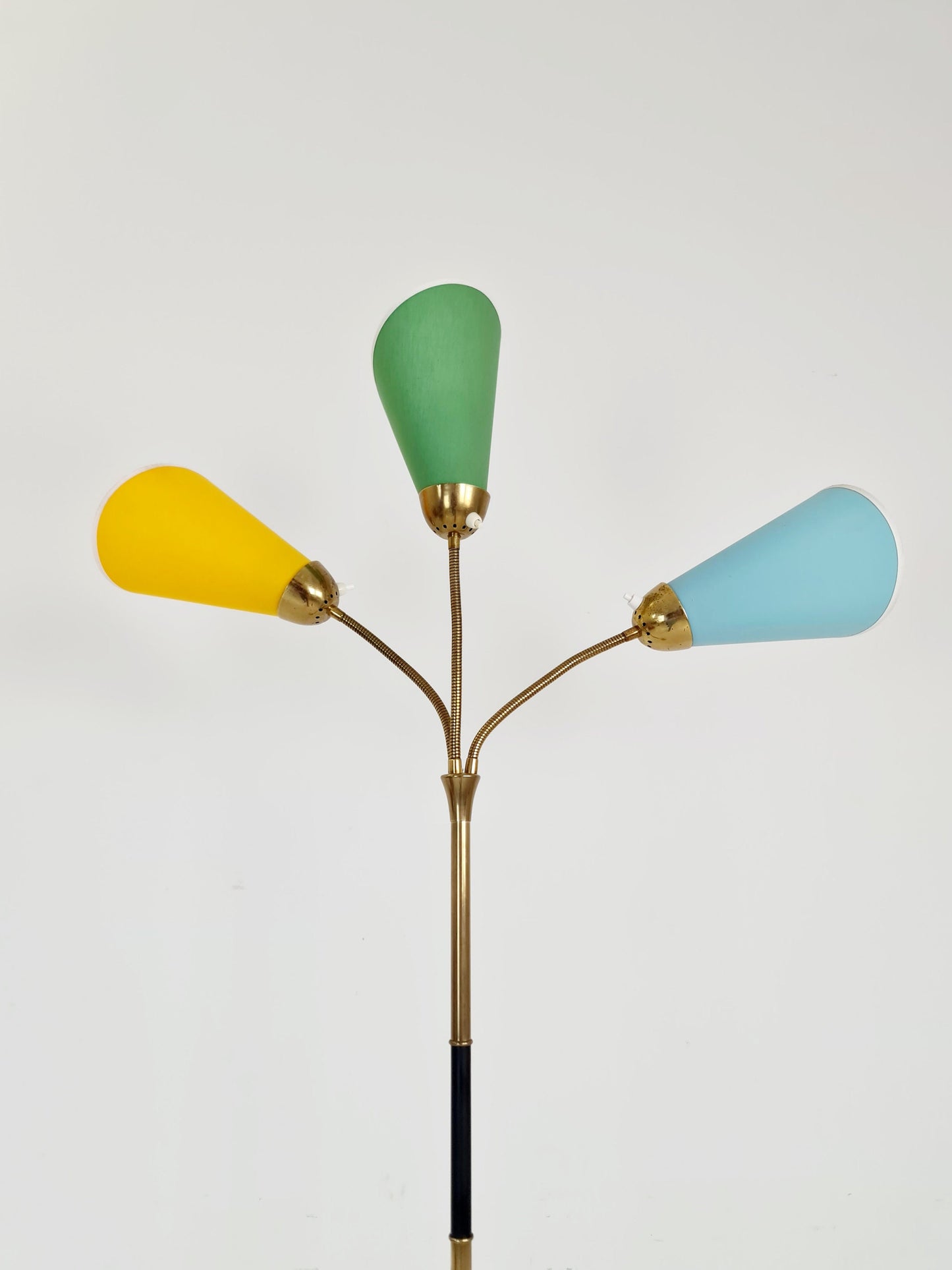 German Modern three flex arms brass floor lamp, tütenlampe, 1950s