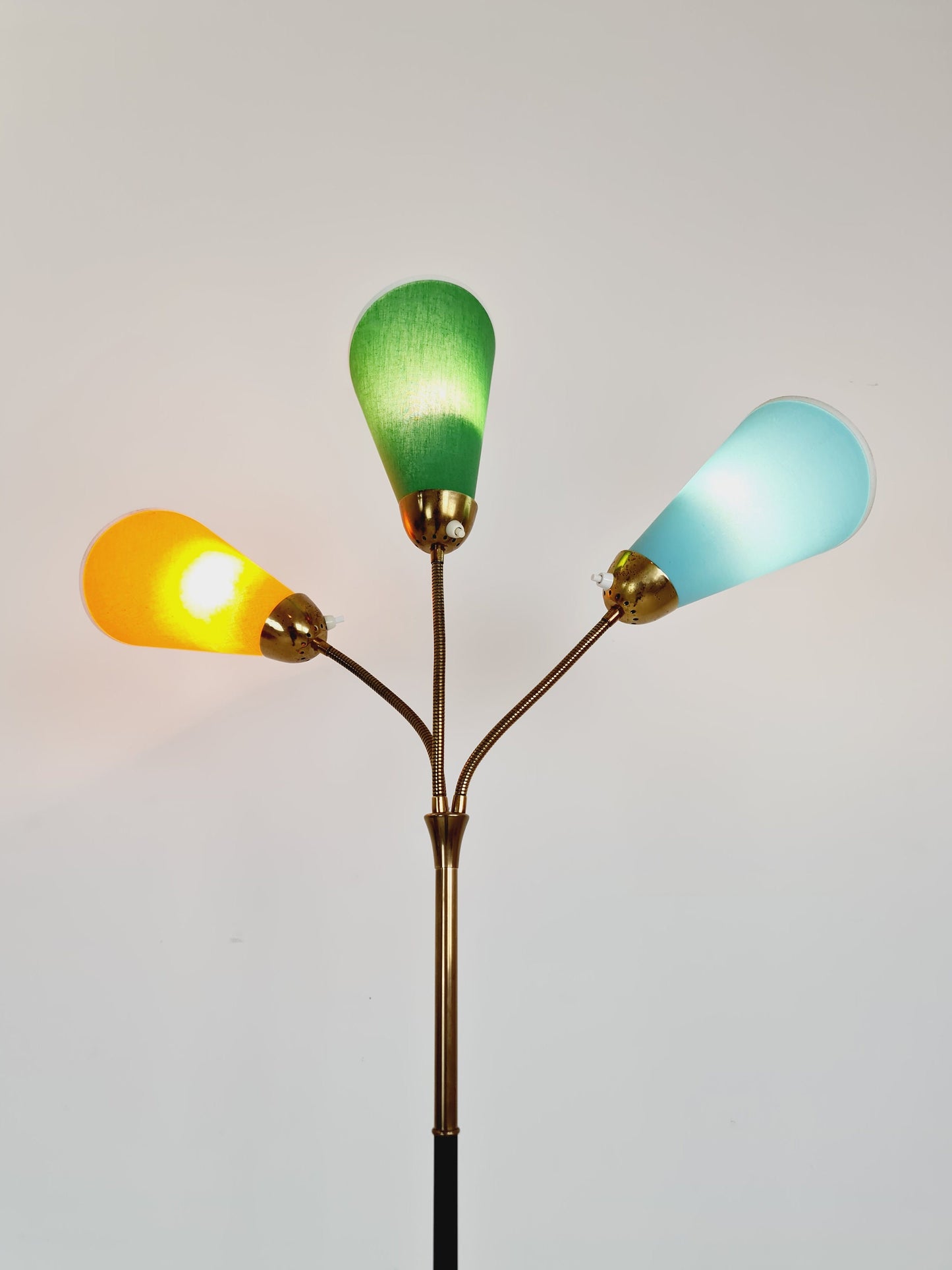 German Modern three flex arms brass floor lamp, tütenlampe, 1950s