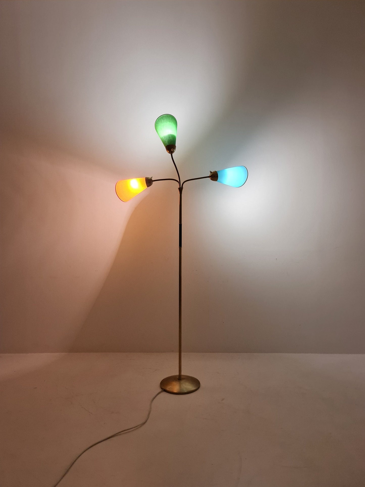 German Modern three flex arms brass floor lamp, tütenlampe, 1950s