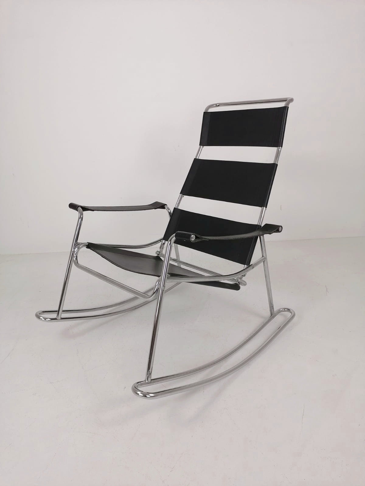 Mid-Century Modern Wassily Style Leather Strap and Chrome Rocking Chair 1960s