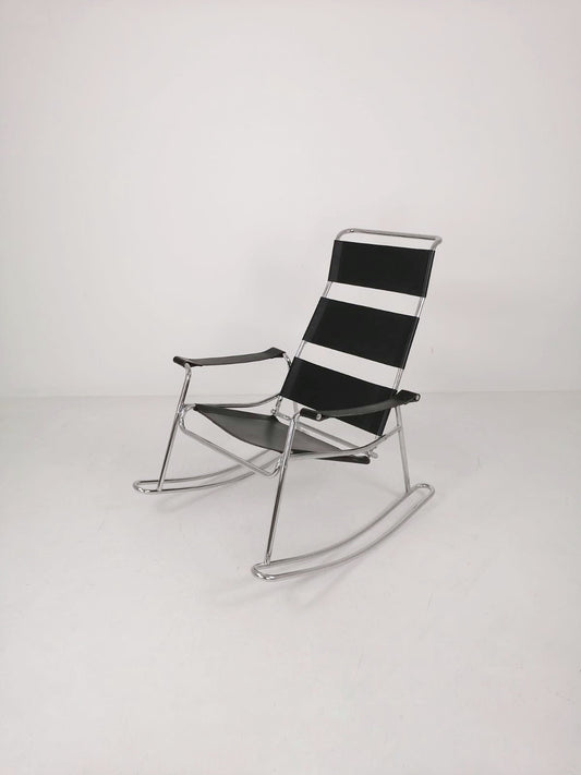 Mid-Century Modern Wassily Style Leather Strap and Chrome Rocking Chair 1960s