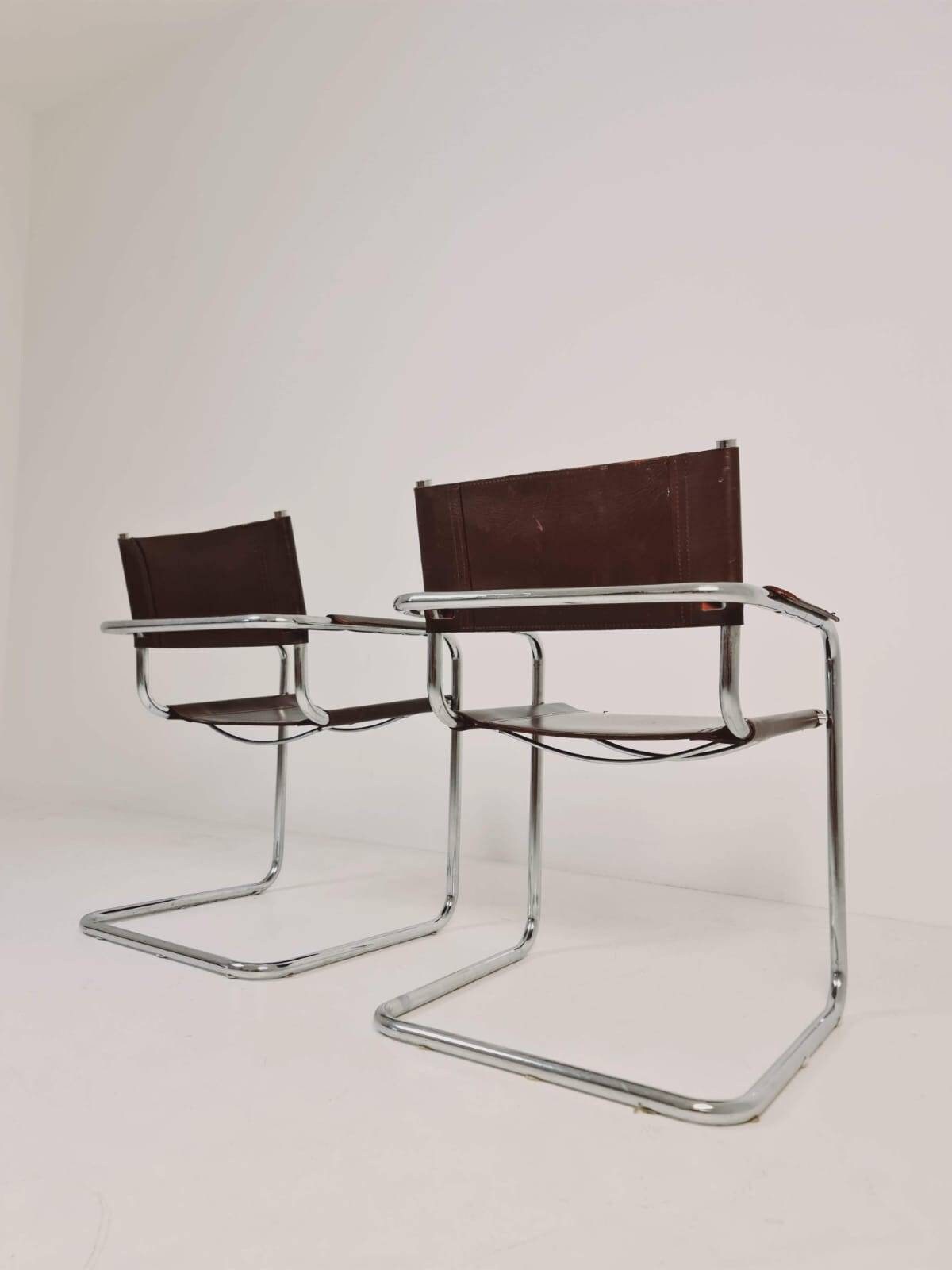 set of mid century S34 shoko braun Saddle Leather Dining Chairs by Mart Stam & Marcel Breuer italy 1980s