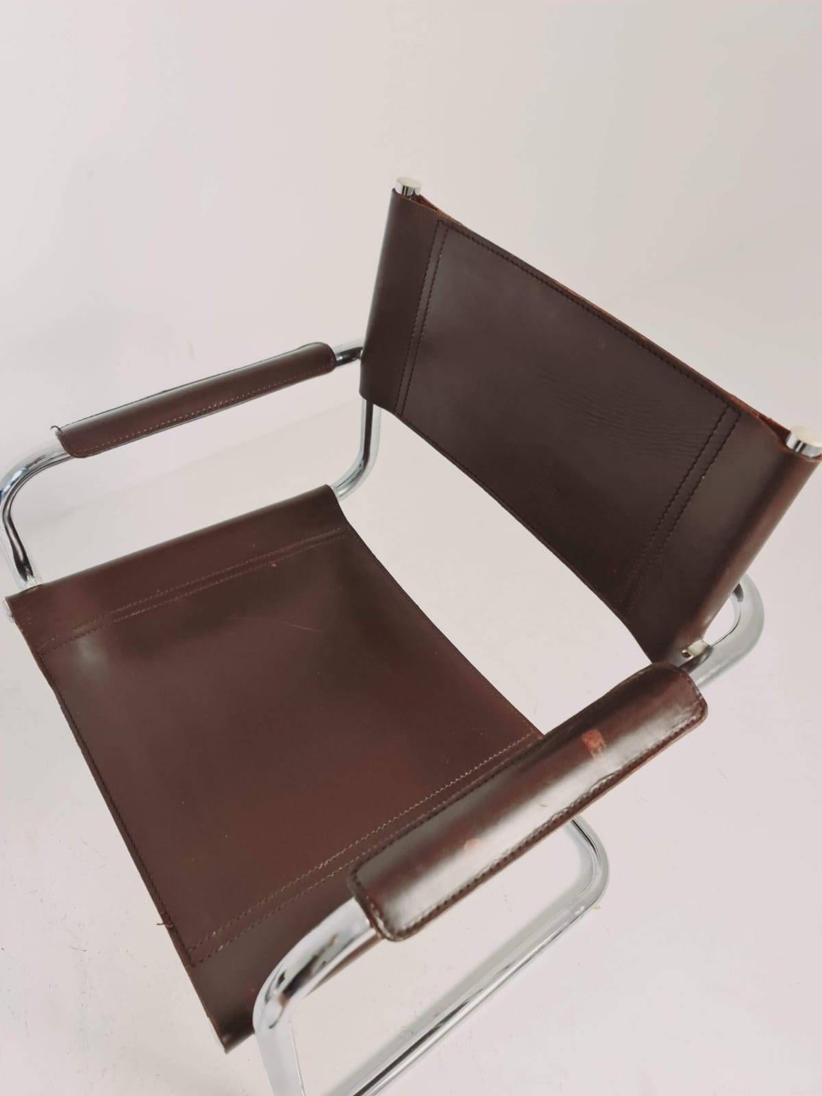 set of mid century S34 shoko braun Saddle Leather Dining Chairs by Mart Stam & Marcel Breuer italy 1980s