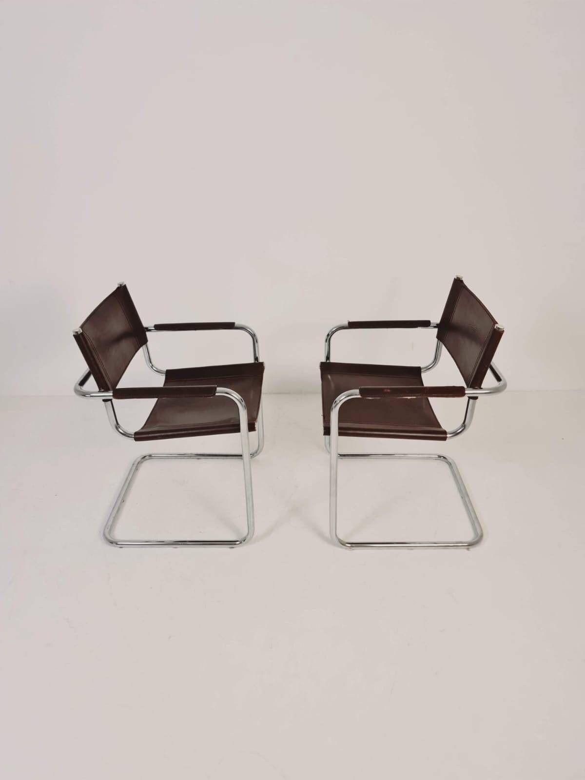 set of mid century S34 shoko braun Saddle Leather Dining Chairs by Mart Stam & Marcel Breuer italy 1980s
