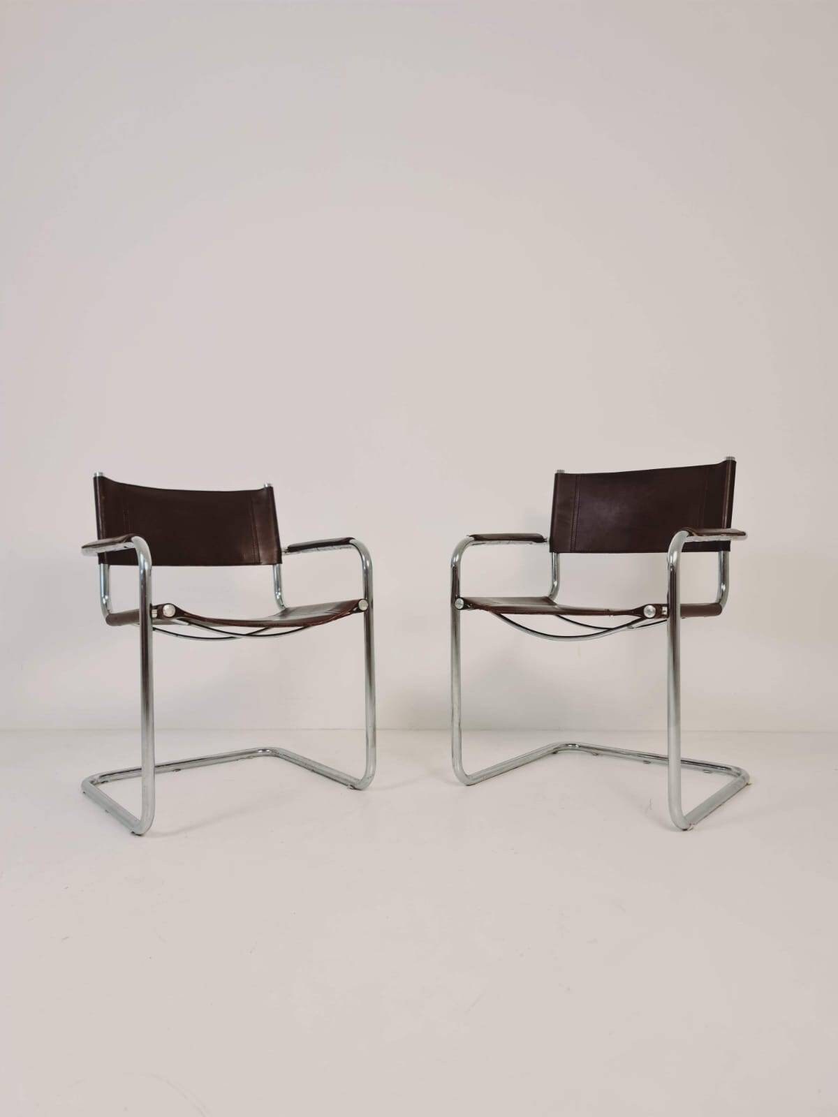 set of mid century S34 shoko braun Saddle Leather Dining Chairs by Mart Stam & Marcel Breuer italy 1980s