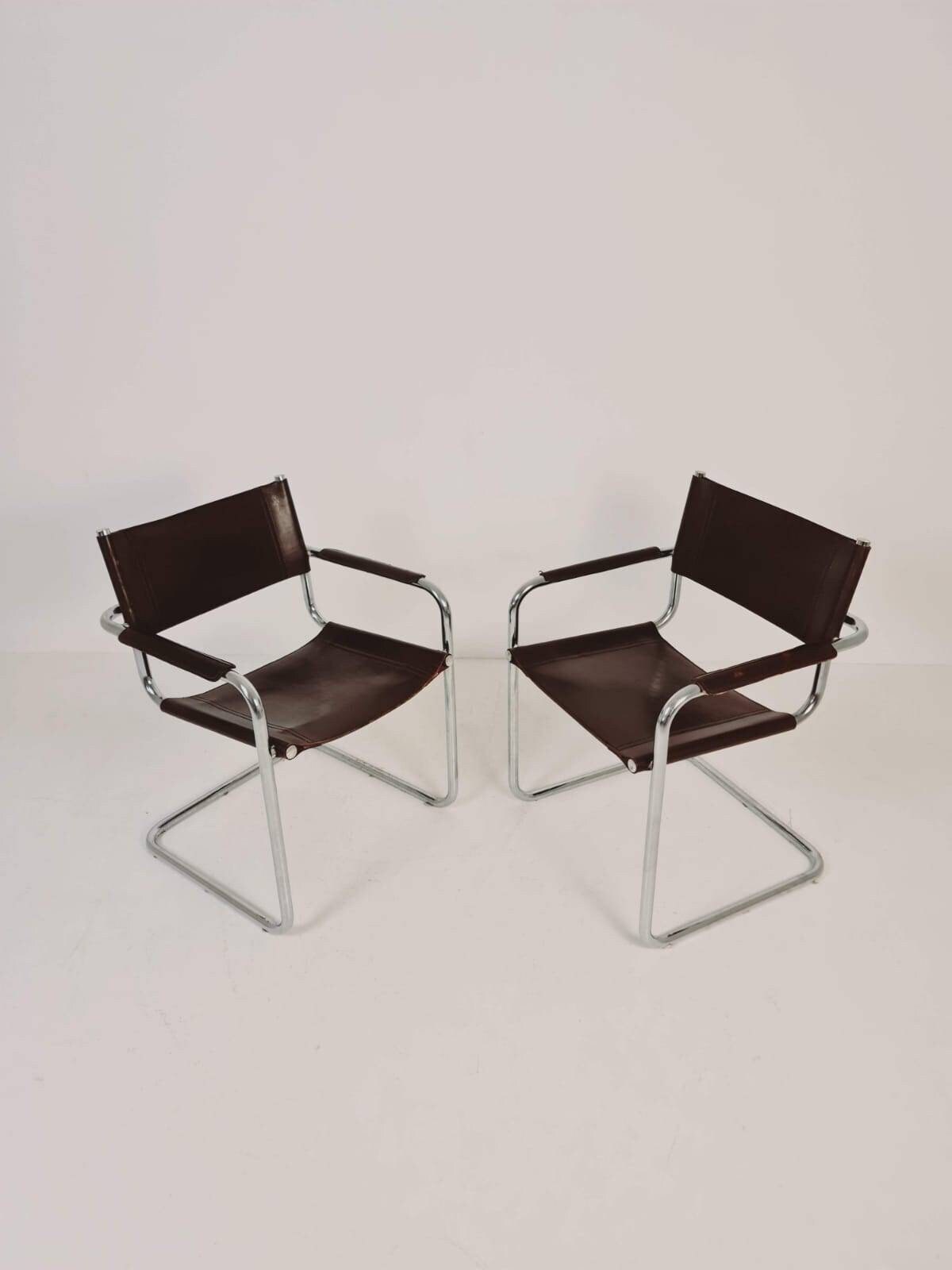 set of mid century S34 shoko braun Saddle Leather Dining Chairs by Mart Stam & Marcel Breuer italy 1980s