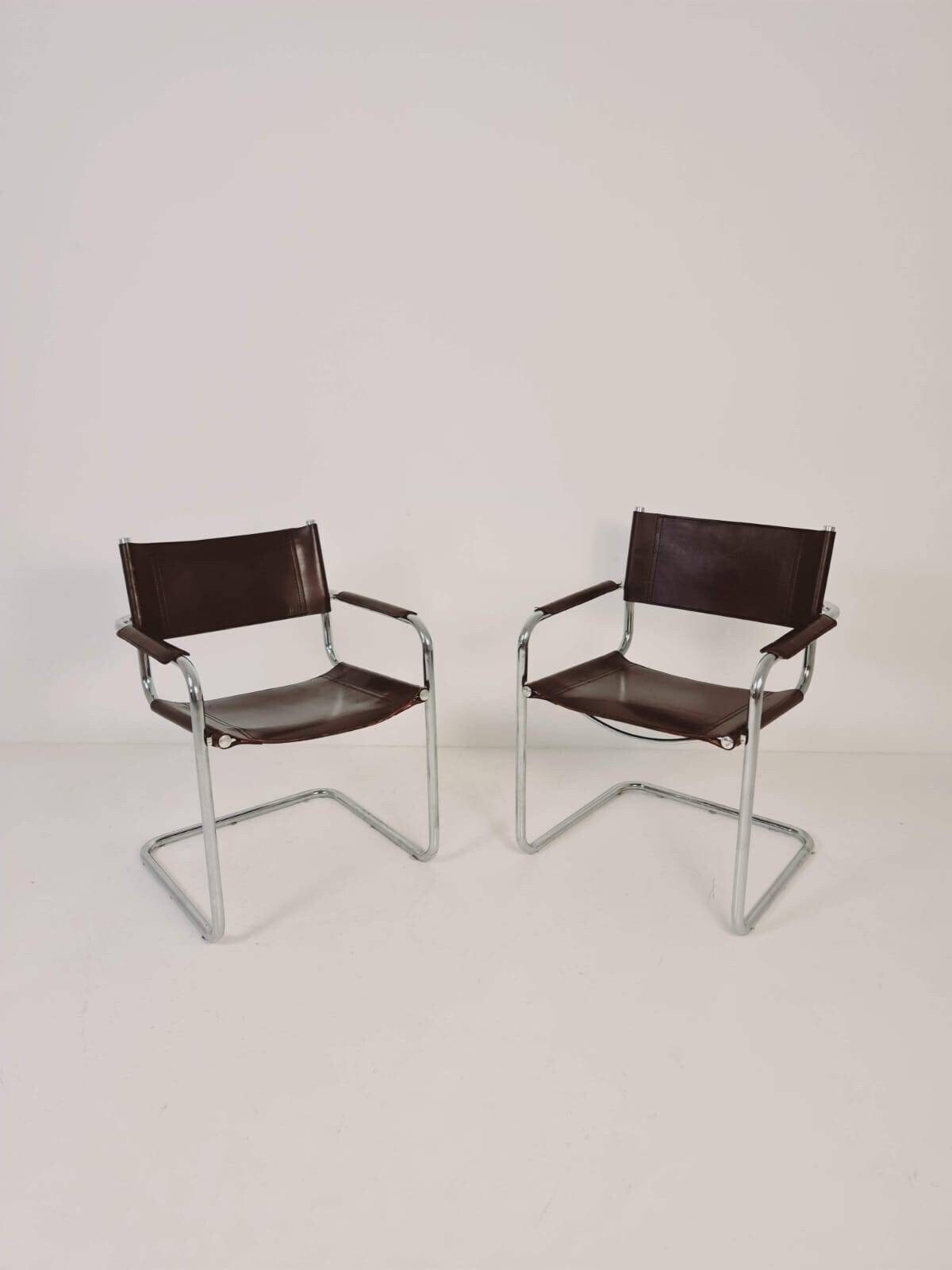 set of mid century S34 shoko braun Saddle Leather Dining Chairs by Mart Stam & Marcel Breuer italy 1980s