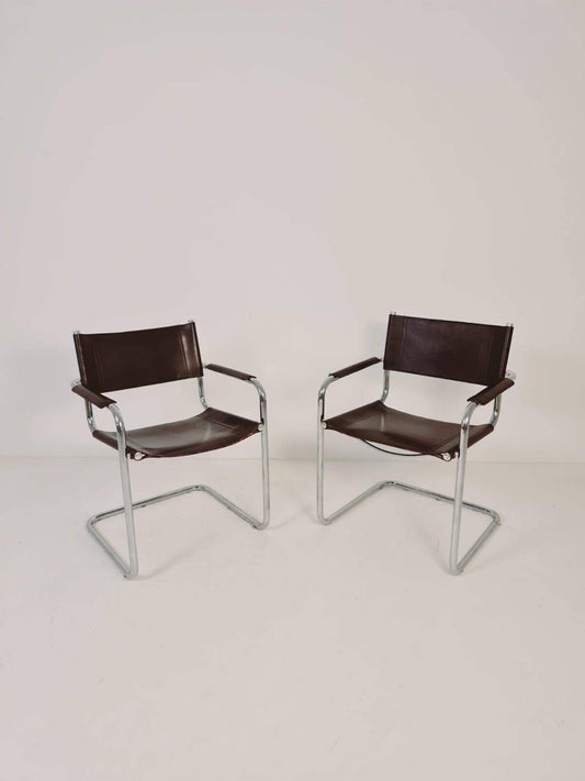 set of mid century S34 shoko braun Saddle Leather Dining Chairs by Mart Stam & Marcel Breuer italy 1980s