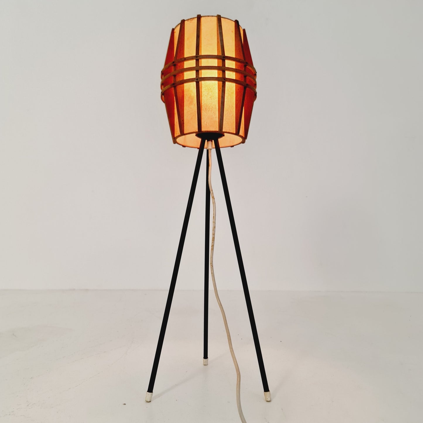 Mid century German tripod floor lamp pine wood veneer & metal, 1970s
