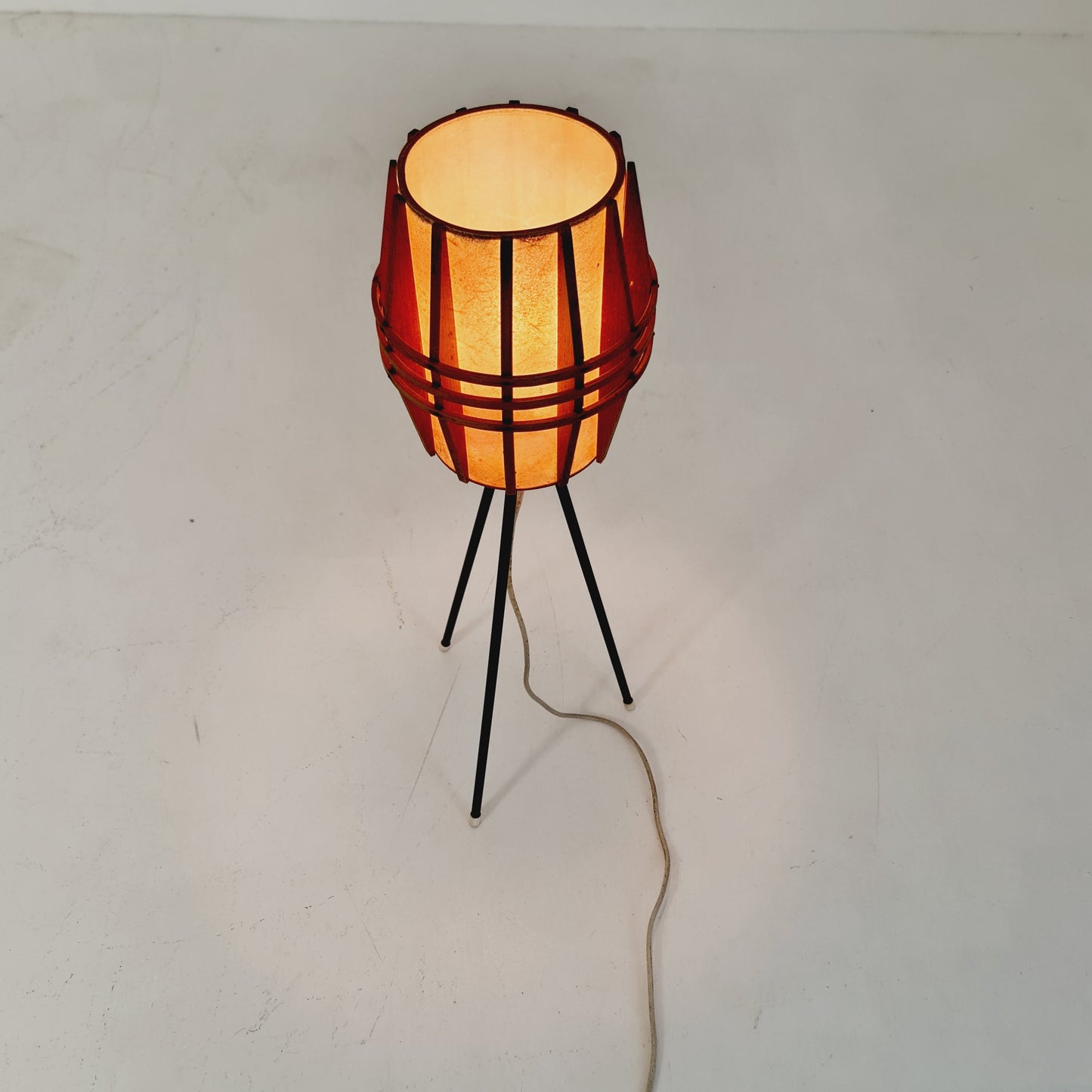 Mid century German tripod floor lamp pine wood veneer & metal, 1970s
