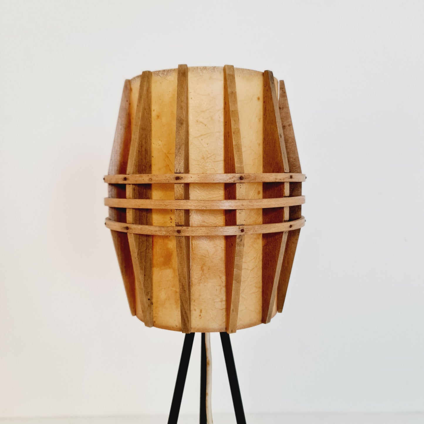 Mid century German tripod floor lamp pine wood veneer & metal, 1970s