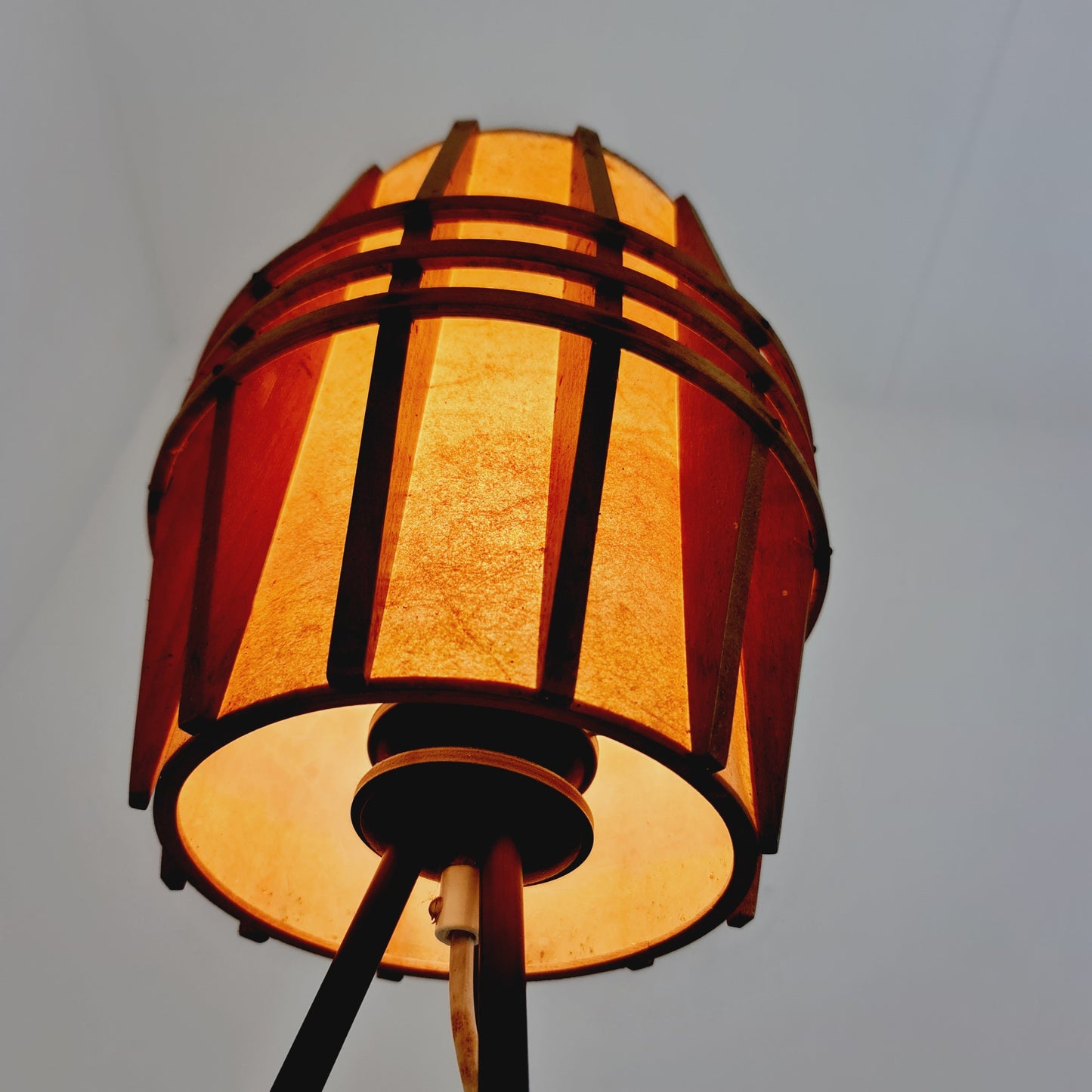 Mid century German tripod floor lamp pine wood veneer & metal, 1970s