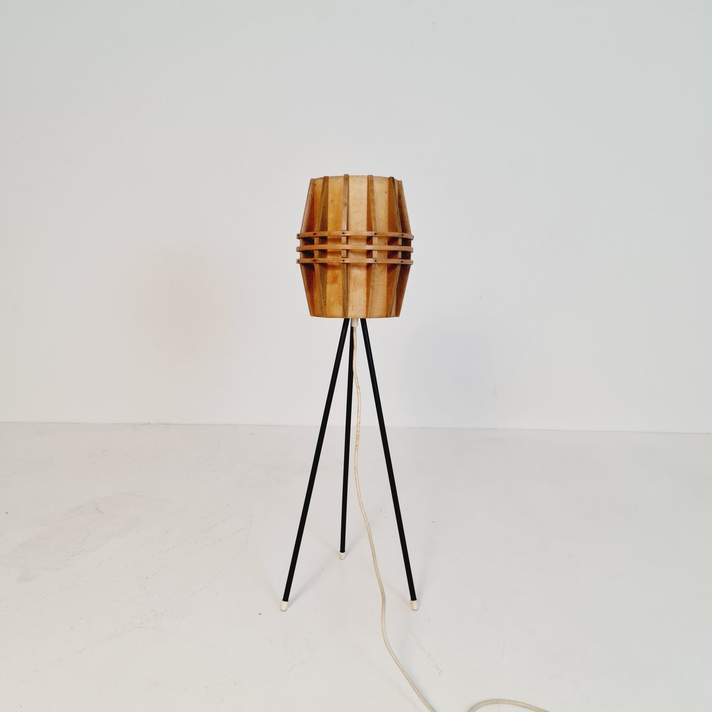 Mid century German tripod floor lamp pine wood veneer & metal, 1970s