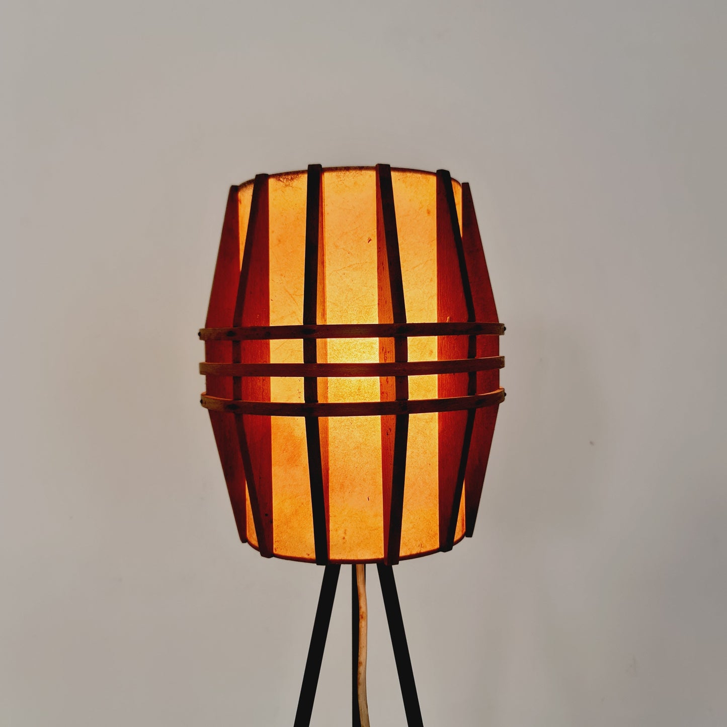 Mid century German tripod floor lamp pine wood veneer & metal, 1970s