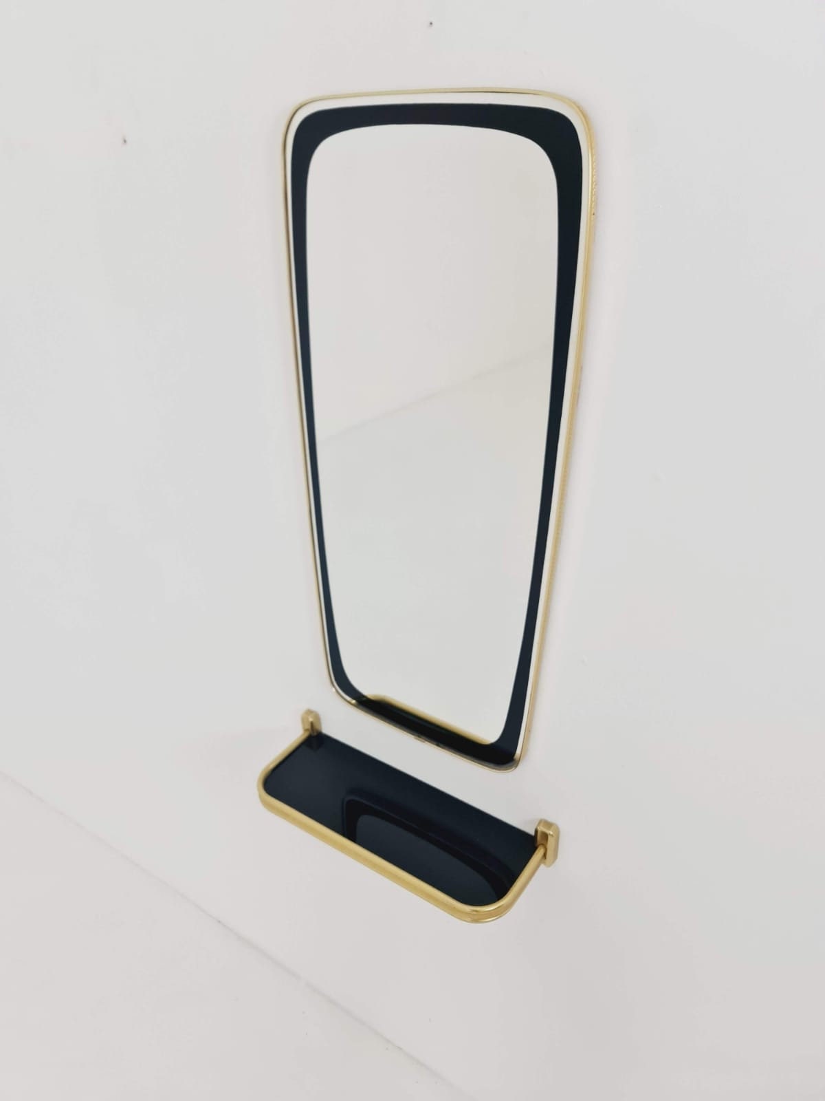 Mid-century Brass & Black Frame Minimalist Mirror and shelf , 1950s, Germany