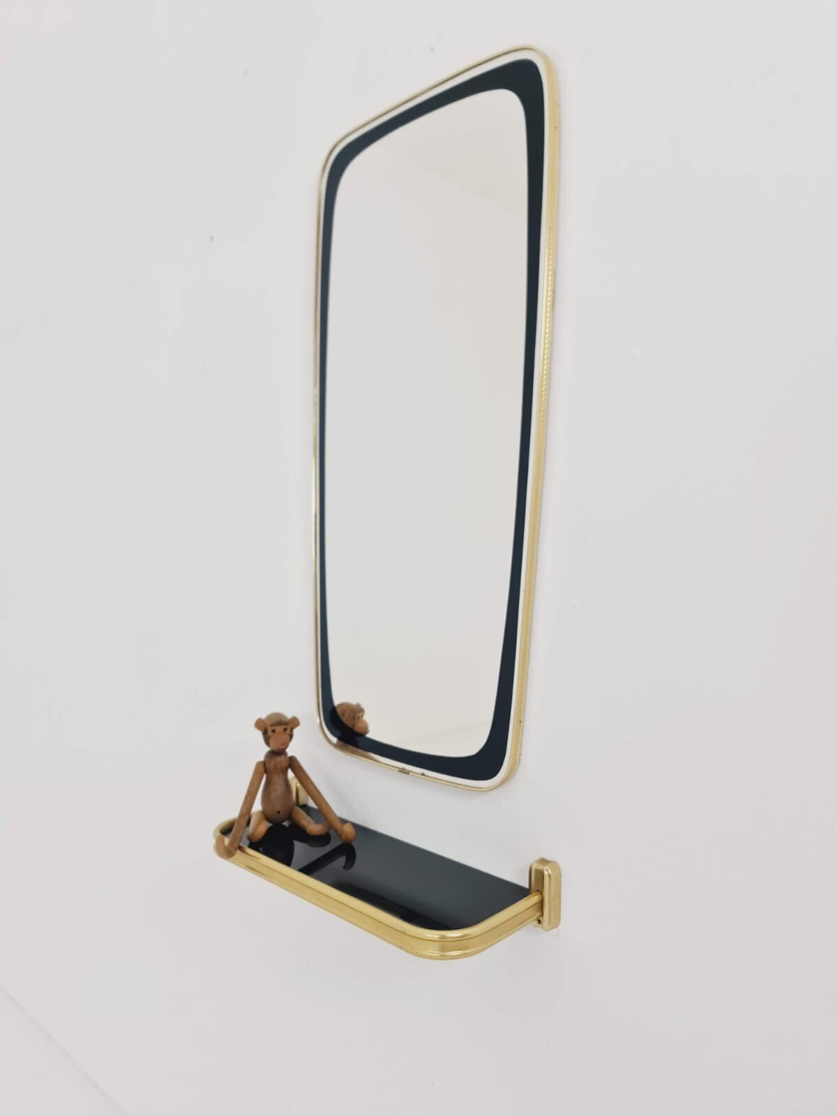 Mid-century Brass & Black Frame Minimalist Mirror and shelf , 1950s, Germany