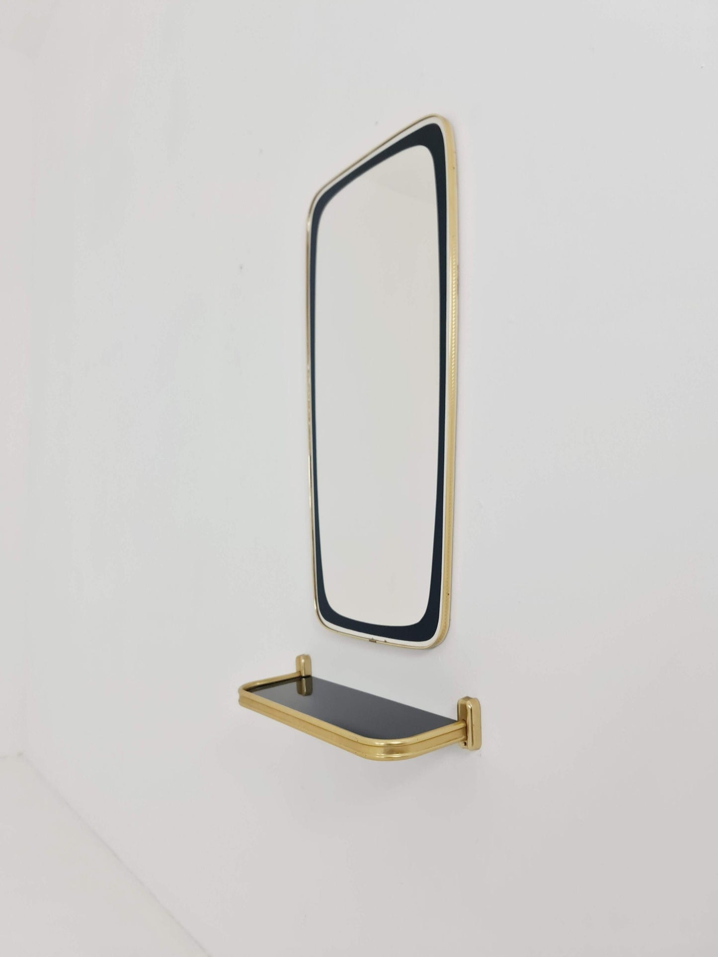 Mid-century Brass & Black Frame Minimalist Mirror and shelf , 1950s, Germany