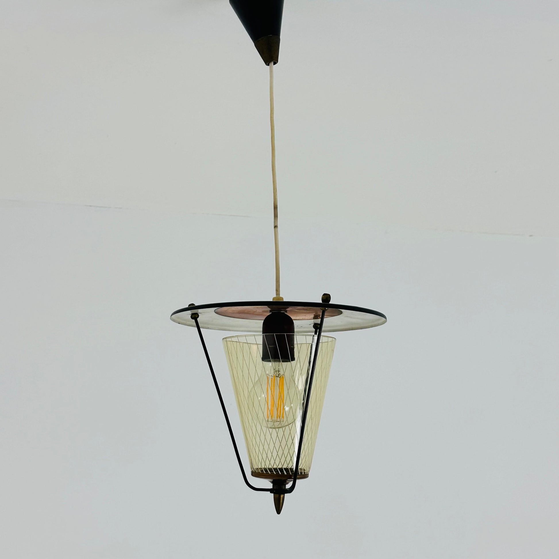 Vintage metal and opalin glass pendant lamp, 1950s