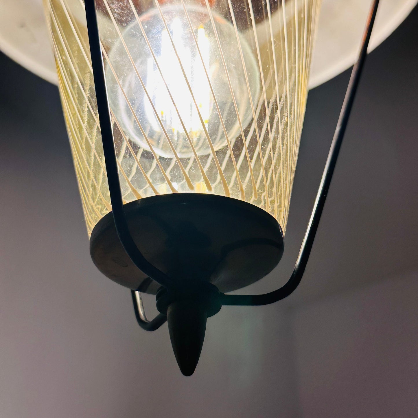 Vintage metal and opalin glass pendant lamp, 1950s