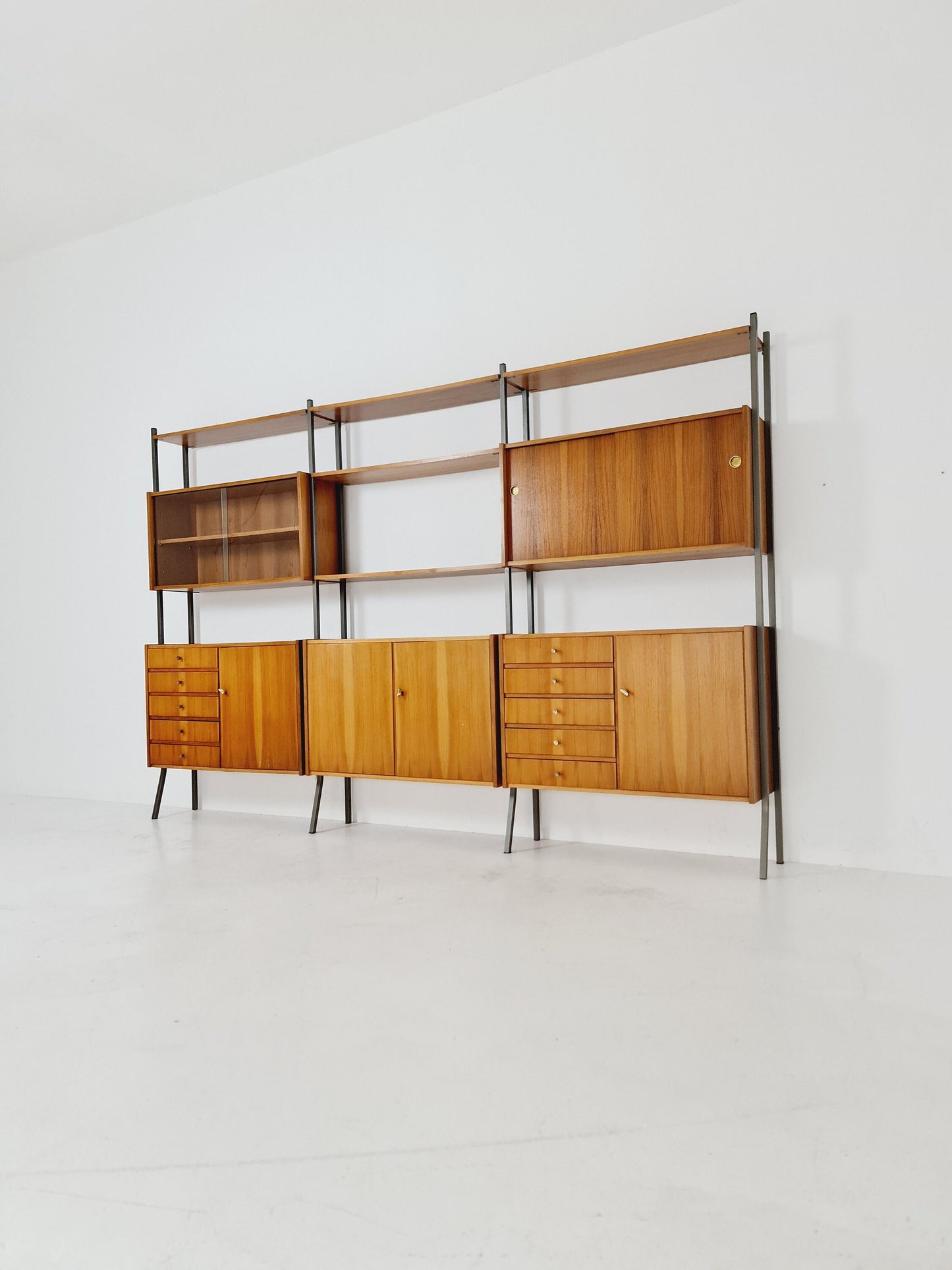 Mid century String shelf-system, bookcase walnut by Werk II Germany, 1950s