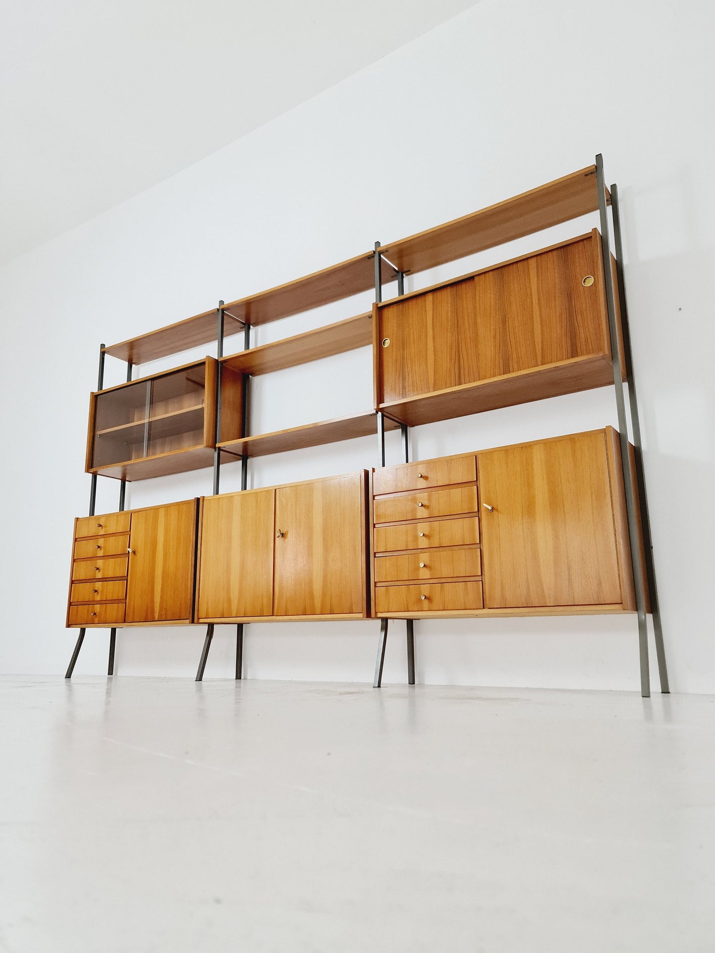 Mid century String shelf-system, bookcase walnut by Werk II Germany, 1950s