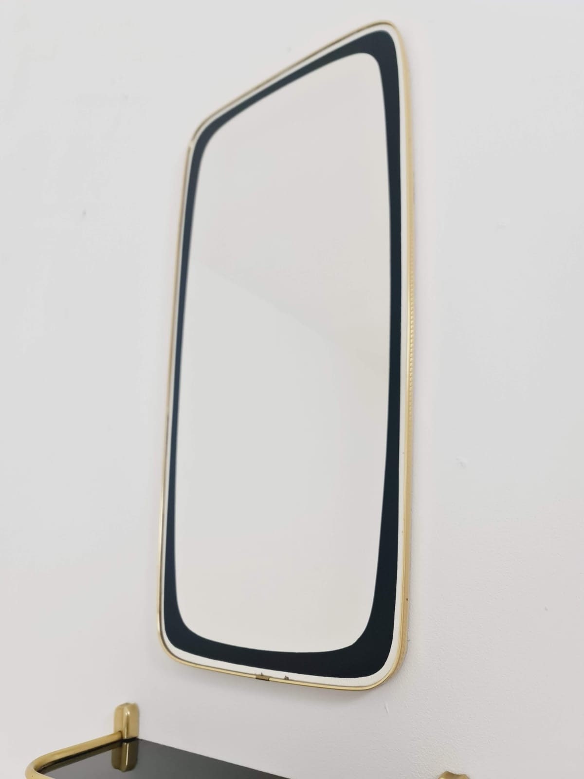Mid-century Brass & Black Frame Minimalist Mirror and shelf , 1950s, Germany