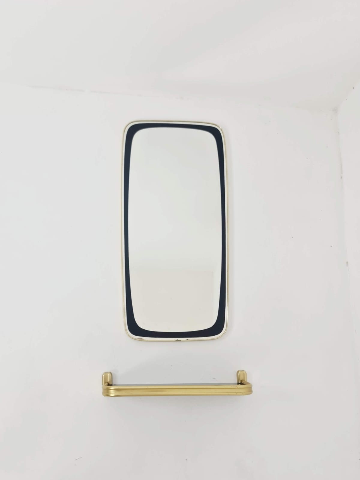 Mid-century Brass & Black Frame Minimalist Mirror and shelf , 1950s, Germany
