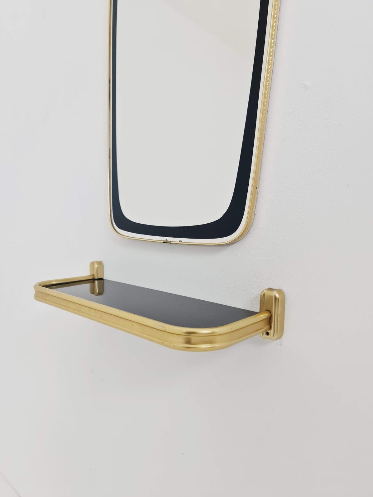 Mid-century Brass & Black Frame Minimalist Mirror and shelf , 1950s, Germany
