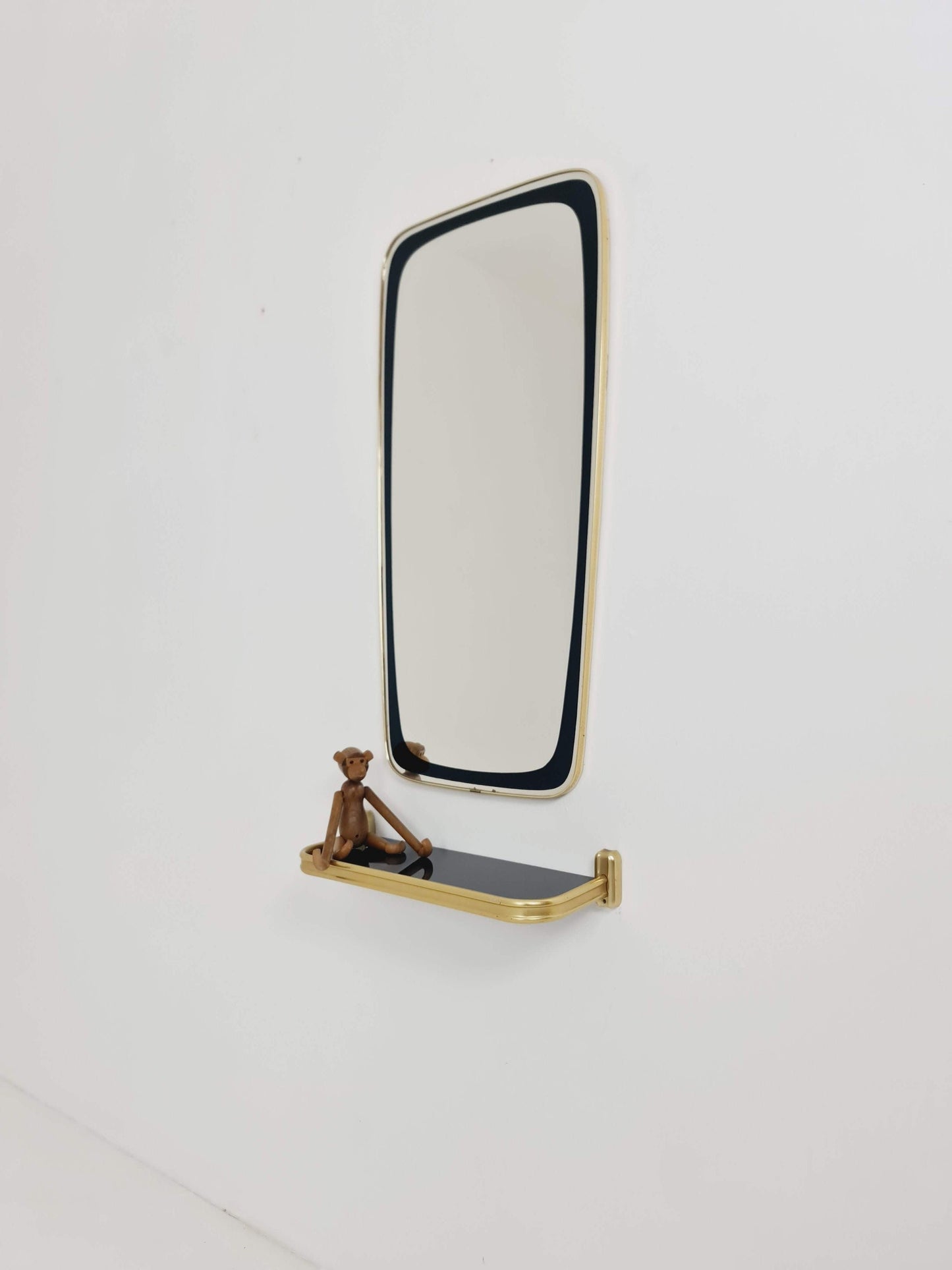 Mid-century Brass & Black Frame Minimalist Mirror and shelf , 1950s, Germany