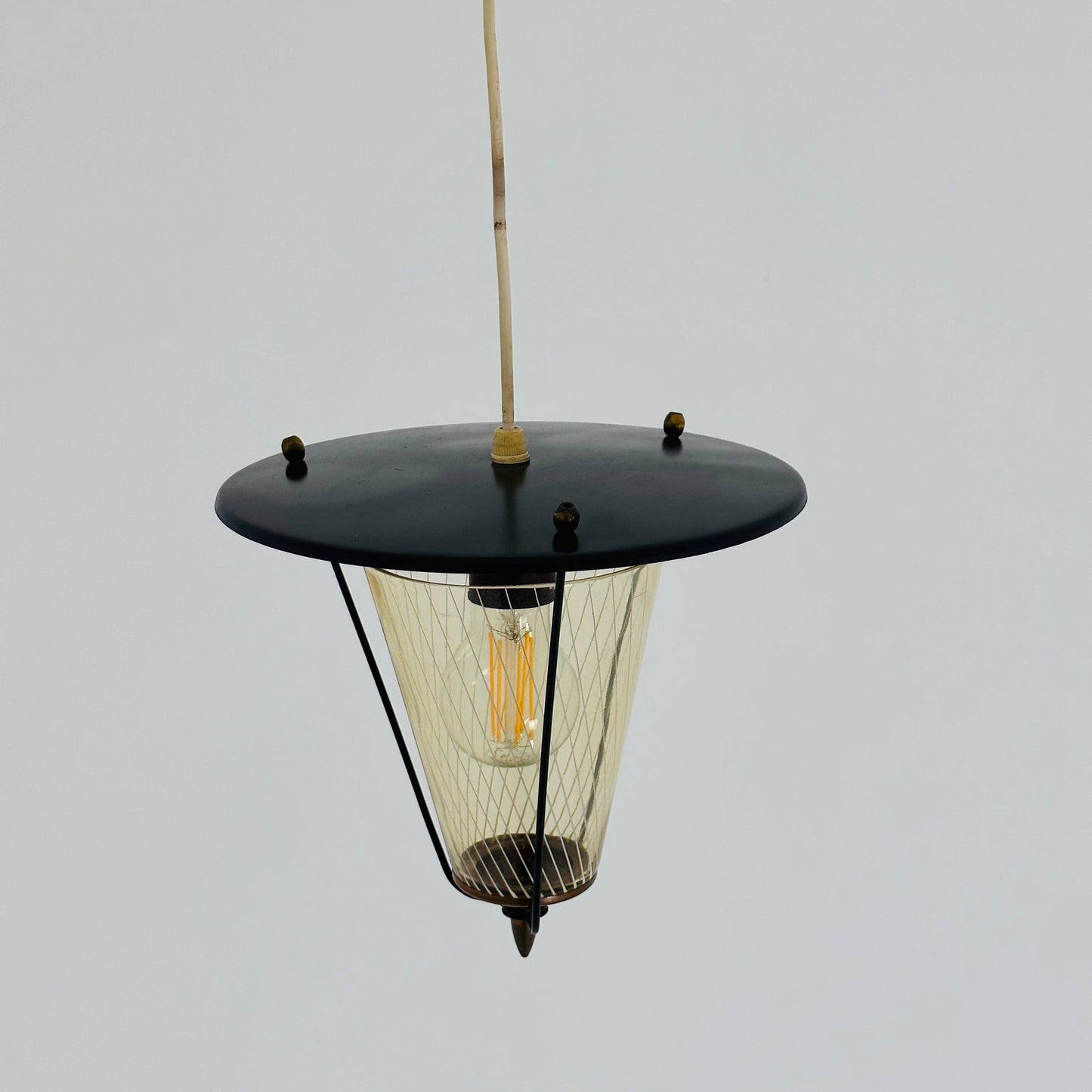 Vintage metal and opalin glass pendant lamp, 1950s