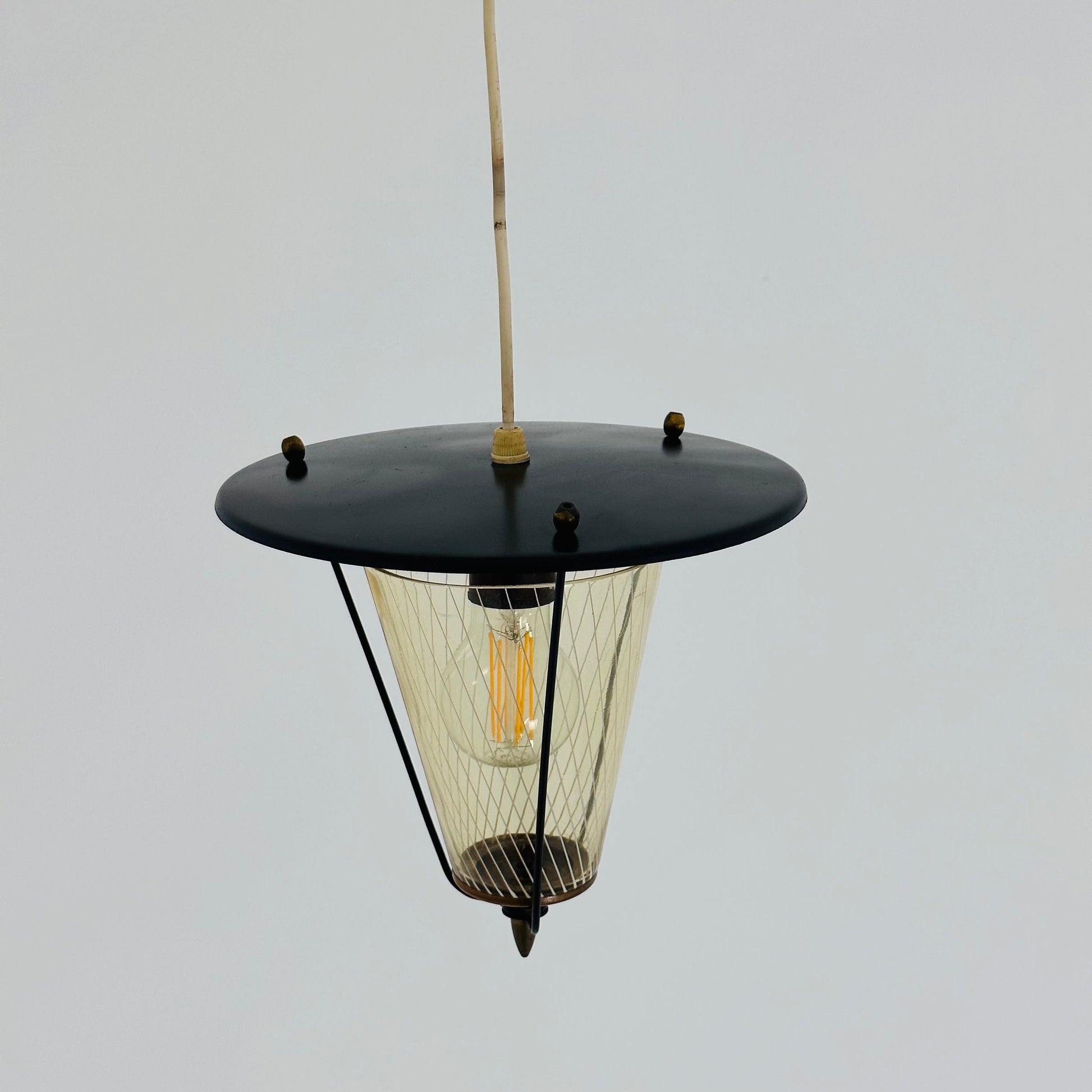 Vintage metal and opalin glass pendant lamp, 1950s