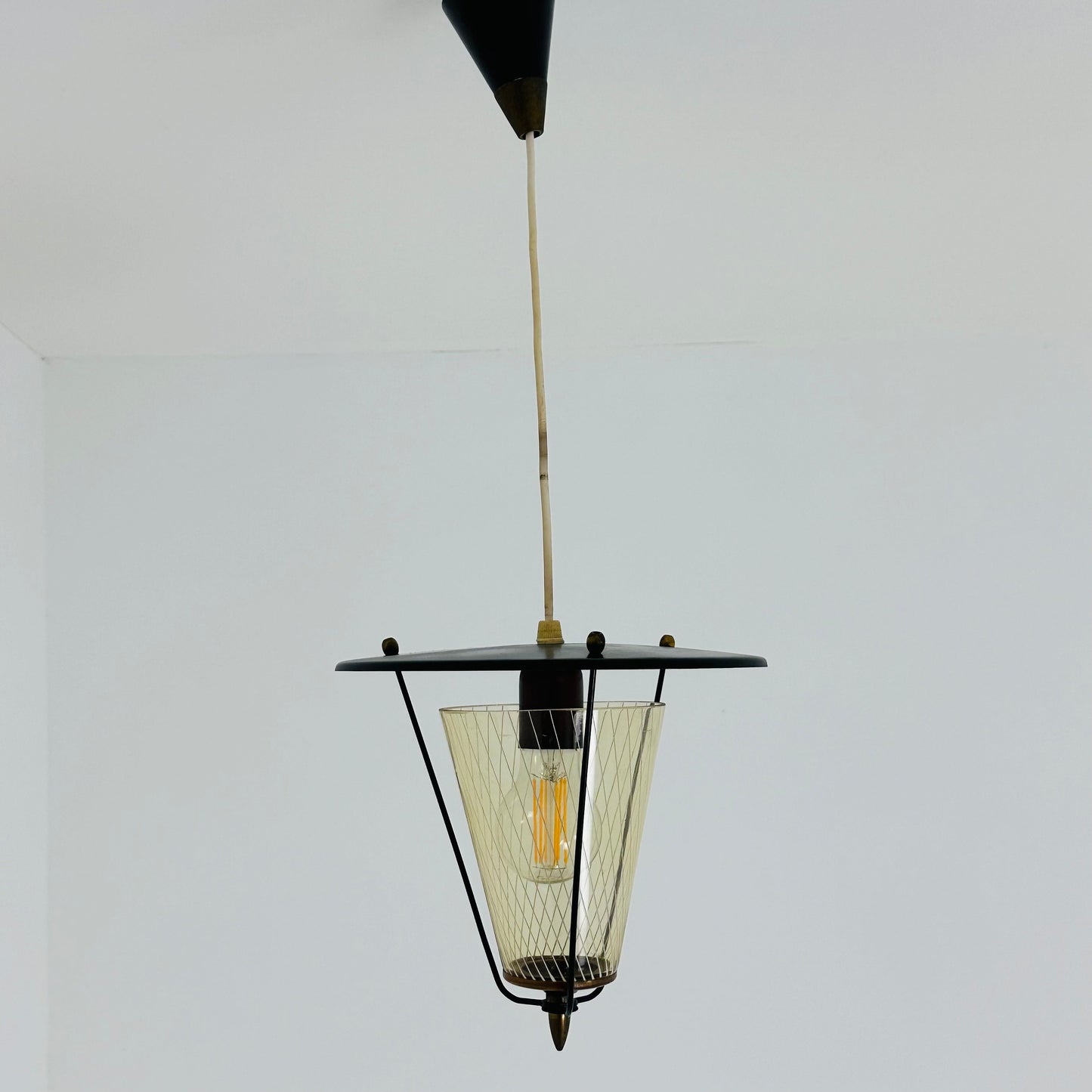 Vintage metal and opalin glass pendant lamp, 1950s