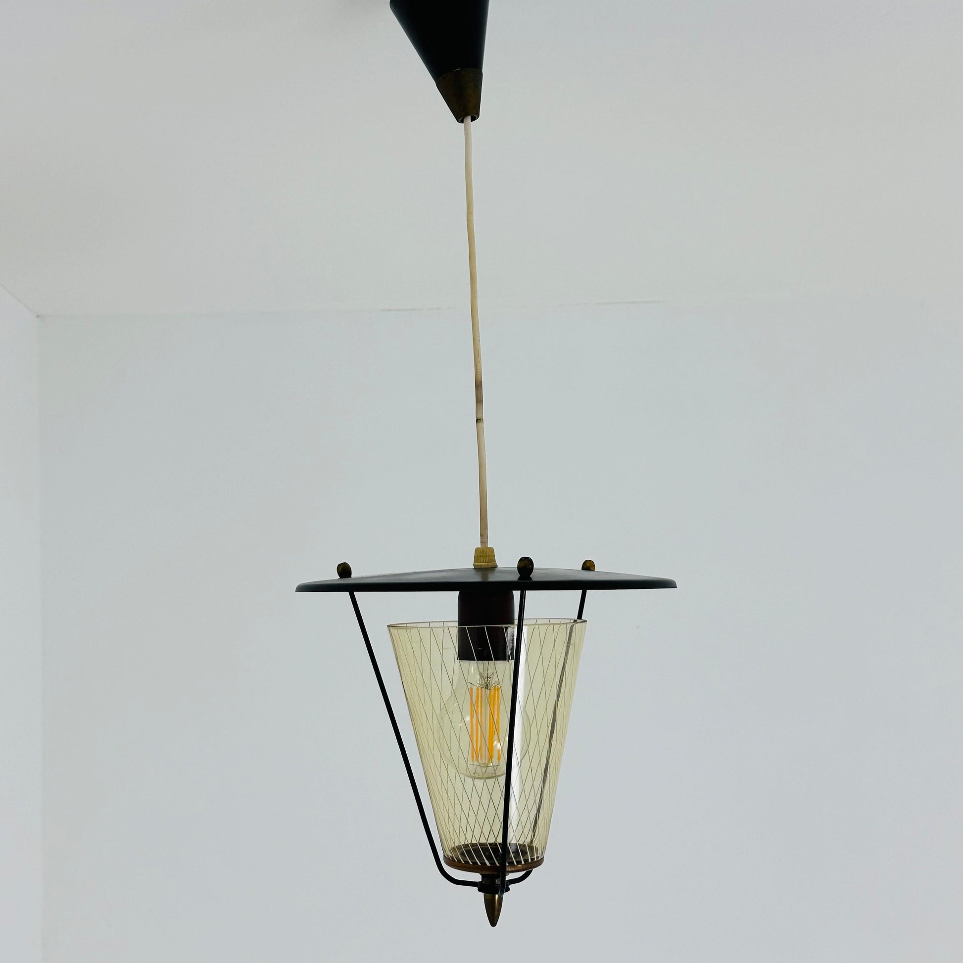 Vintage metal and opalin glass pendant lamp, 1950s