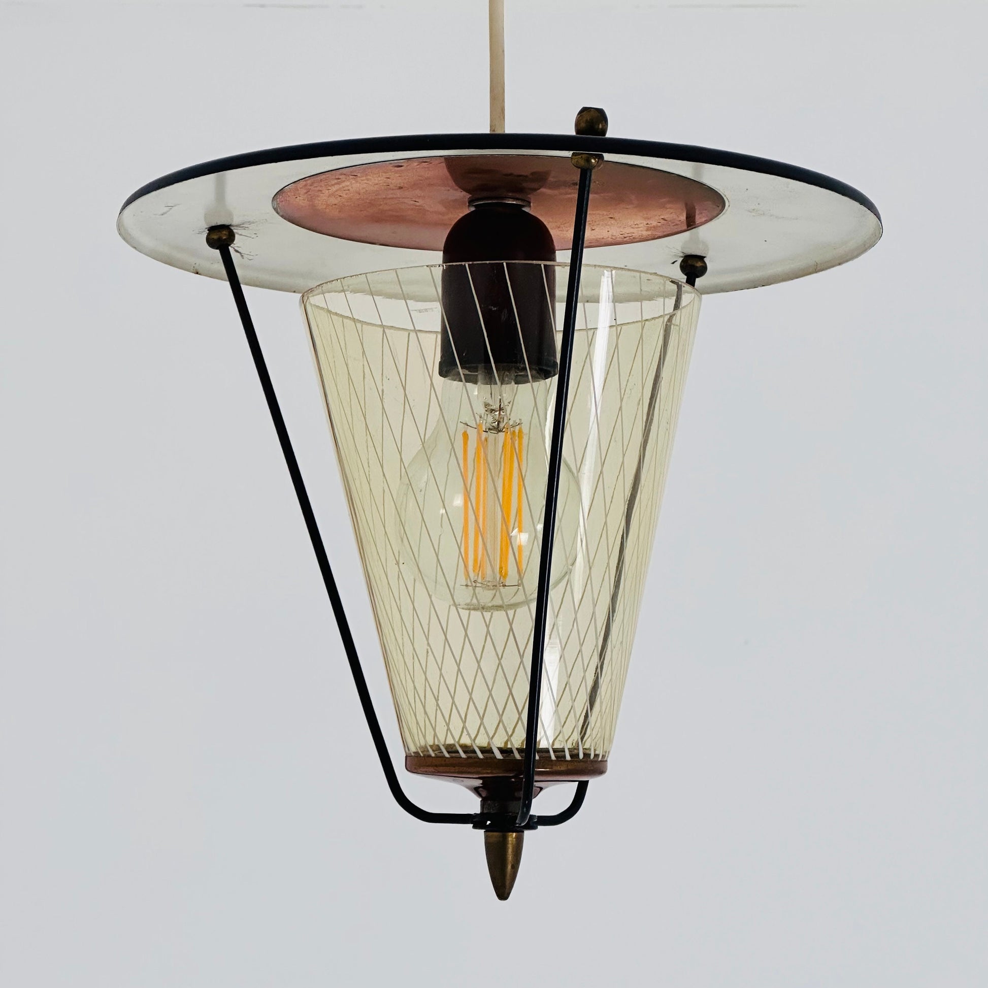 Vintage metal and opalin glass pendant lamp, 1950s